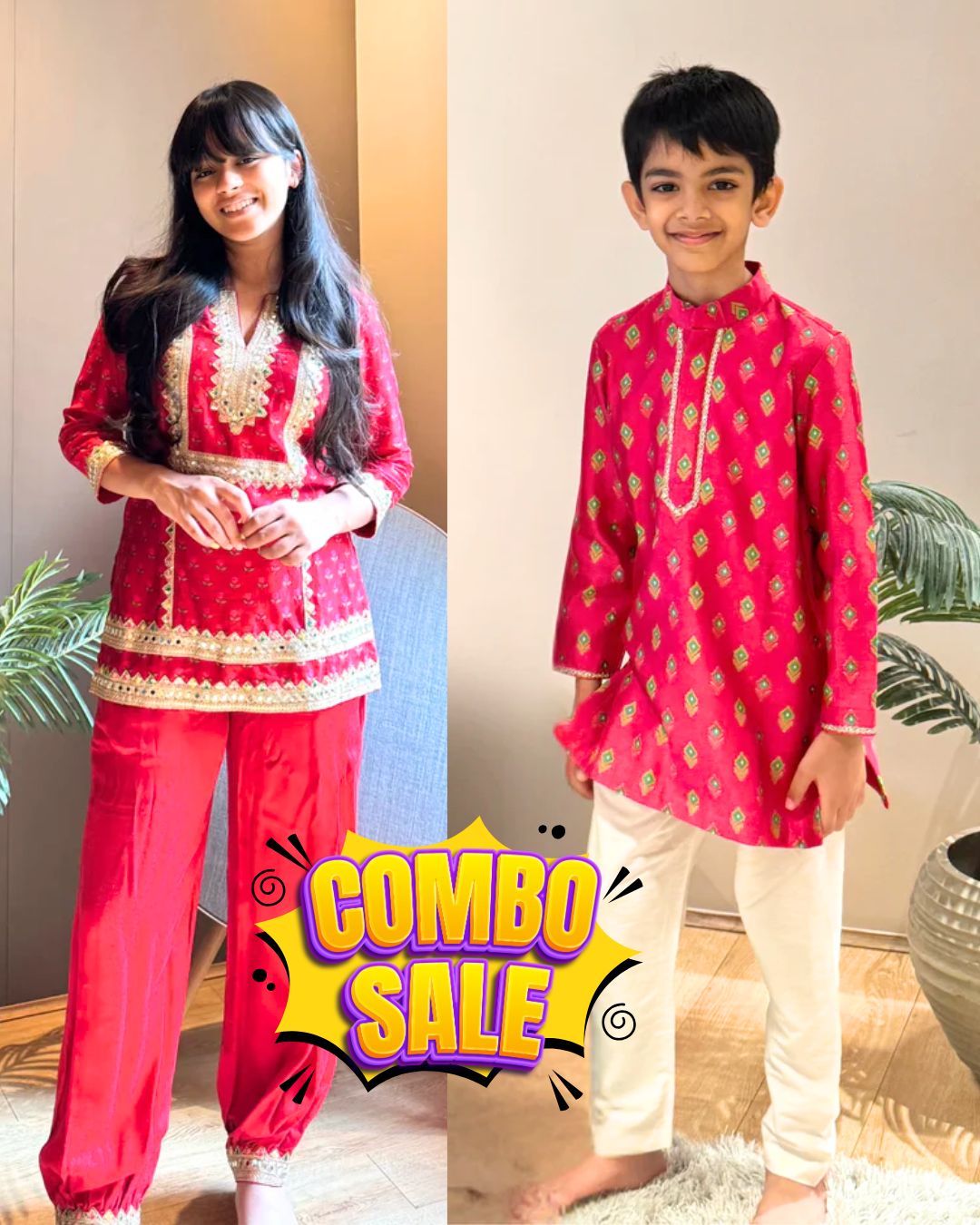 Combo of Printed Chanderi Set for Kids - Boy & Girl