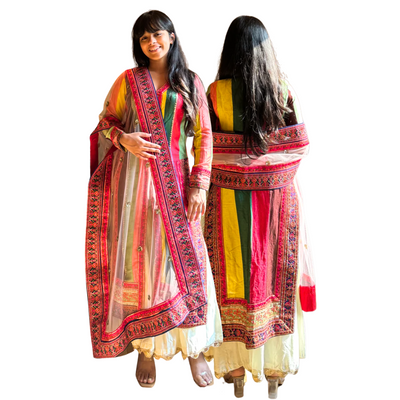 Multicolor Panel Kurta with Off White Sharara and Dupatta - 16 Yrs