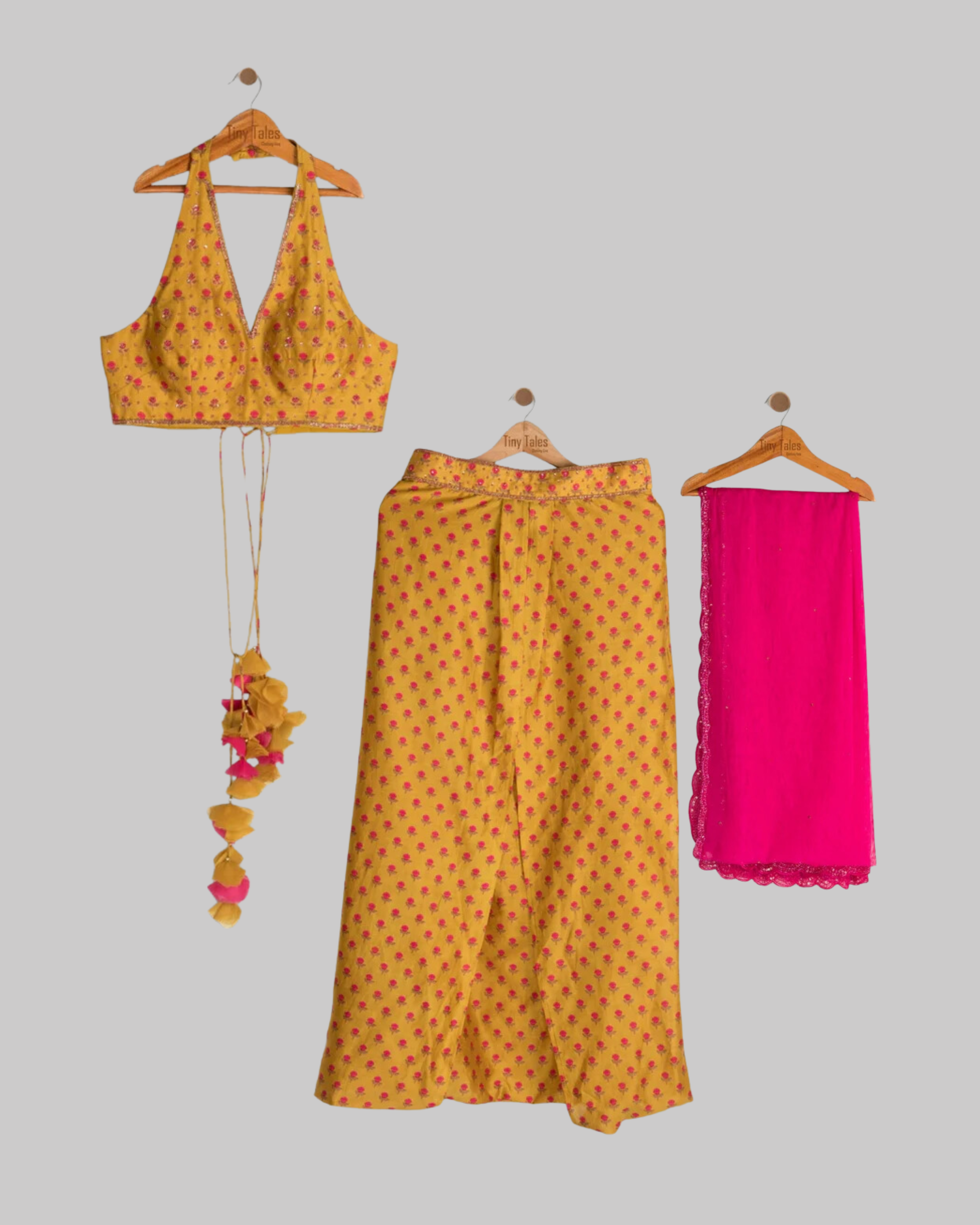 Mustard Embroidered Halter Neck Dhoti Skirt Set