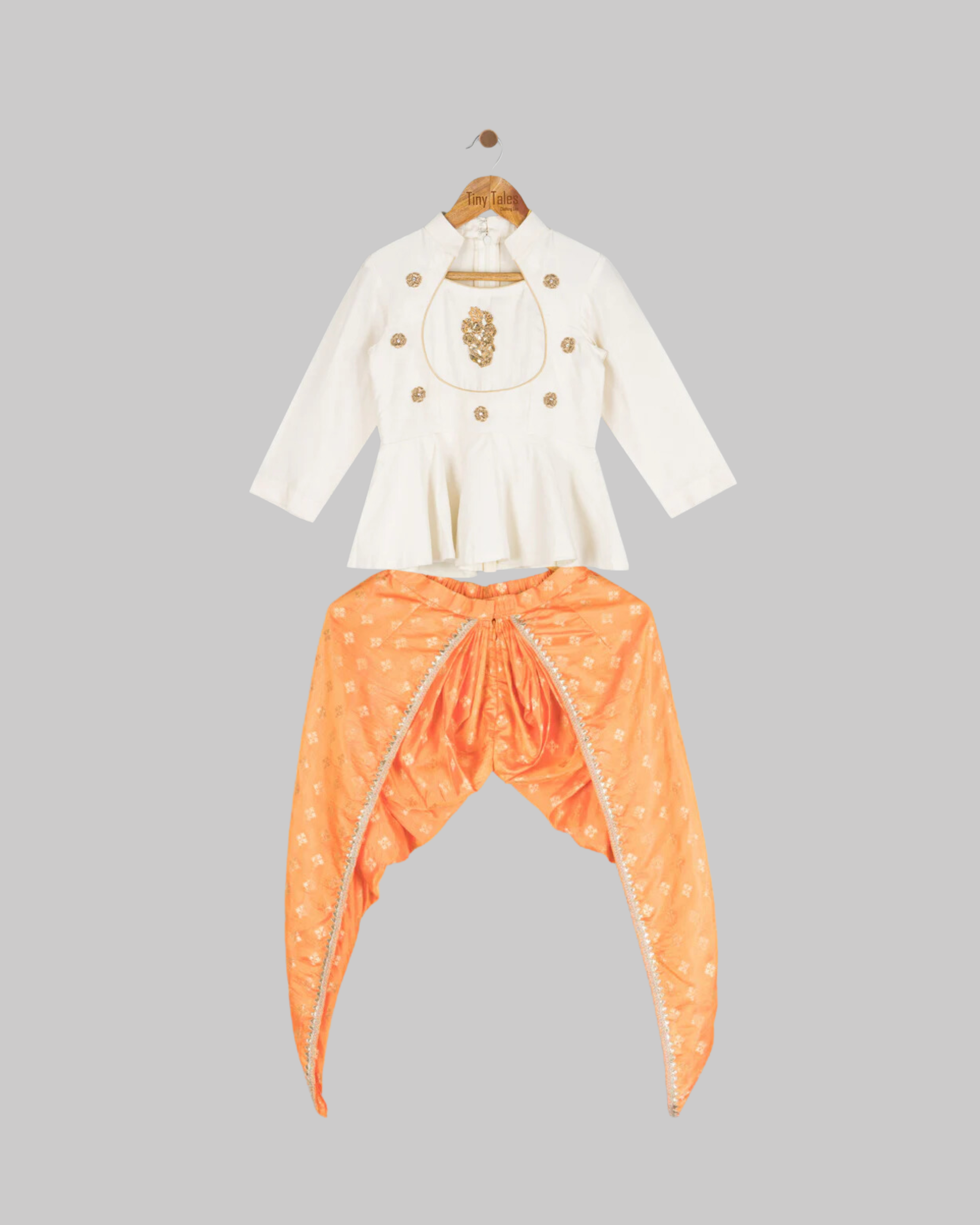 Ivory Peplum with Orange Silk Dhoti - 2-6 Yrs