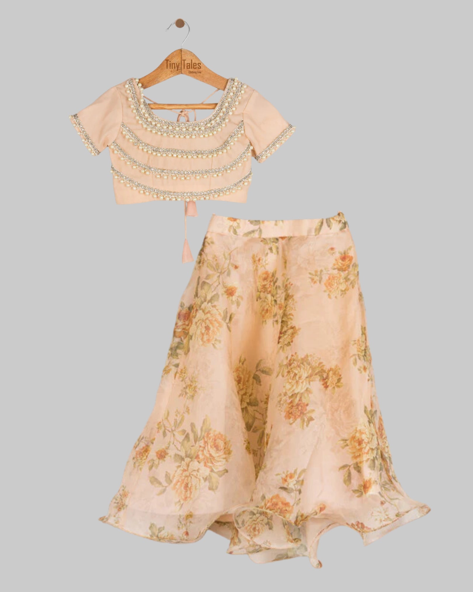 Peach Embroidered Blouse with Organza Skirt - 2 Yrs