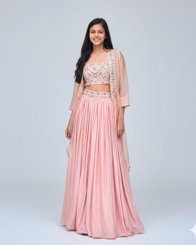 Baby Pink Embroidered Lehenga Set with Jacket