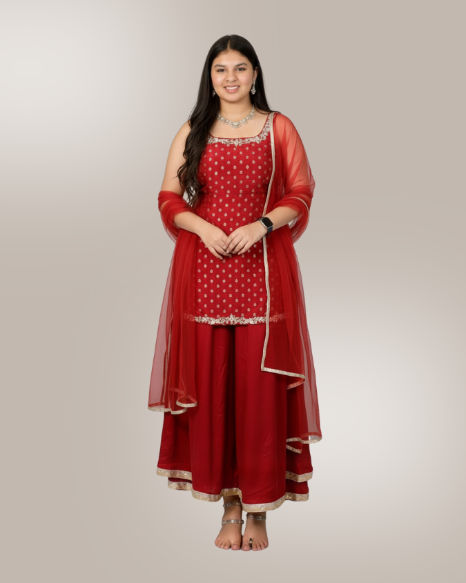 Embroidered Maroon Brocade Kurta with Kali Pant & Dupatta
