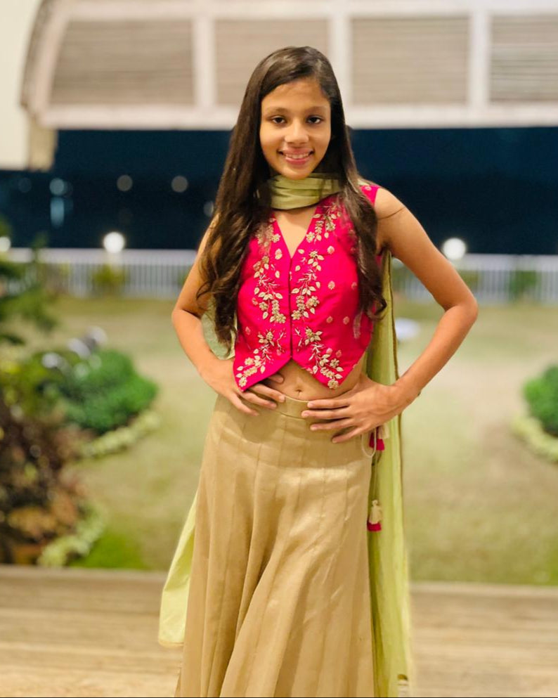 Embroidered Pink Waistcoat with Tissue Skirt