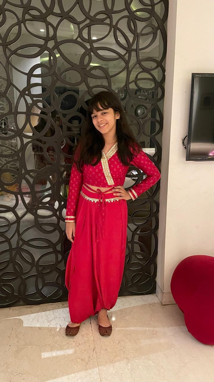 Red Printed Wrap Top with Dhoti Set