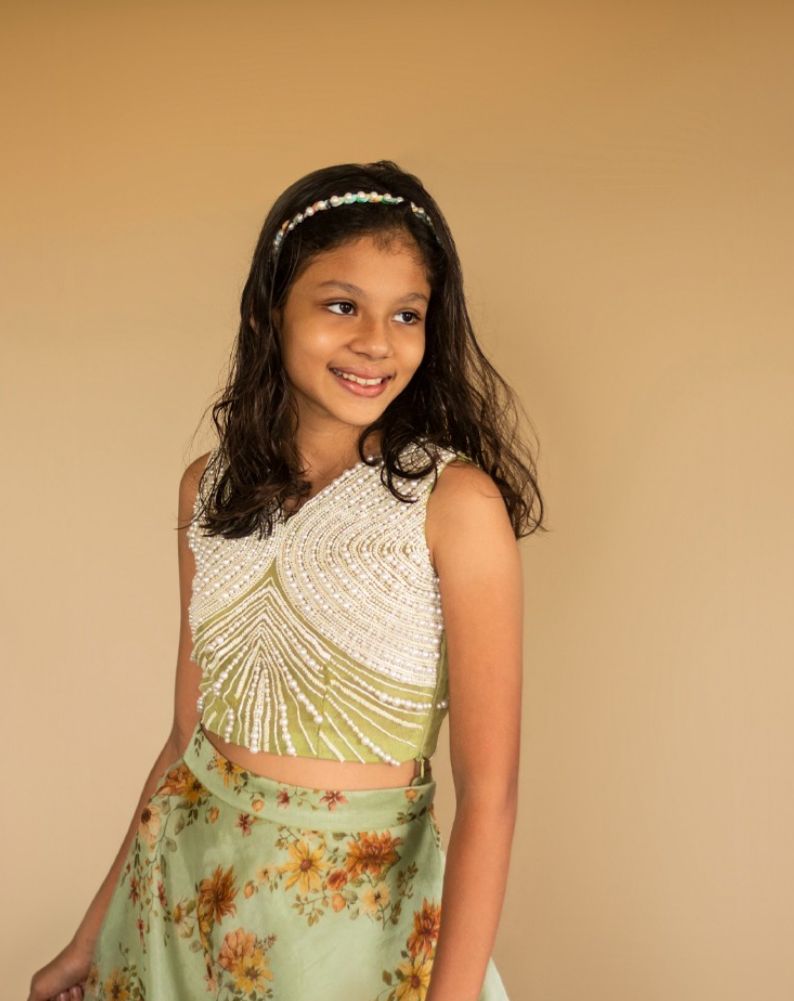 Pearl Embroidery Blouse with Lehenga Set