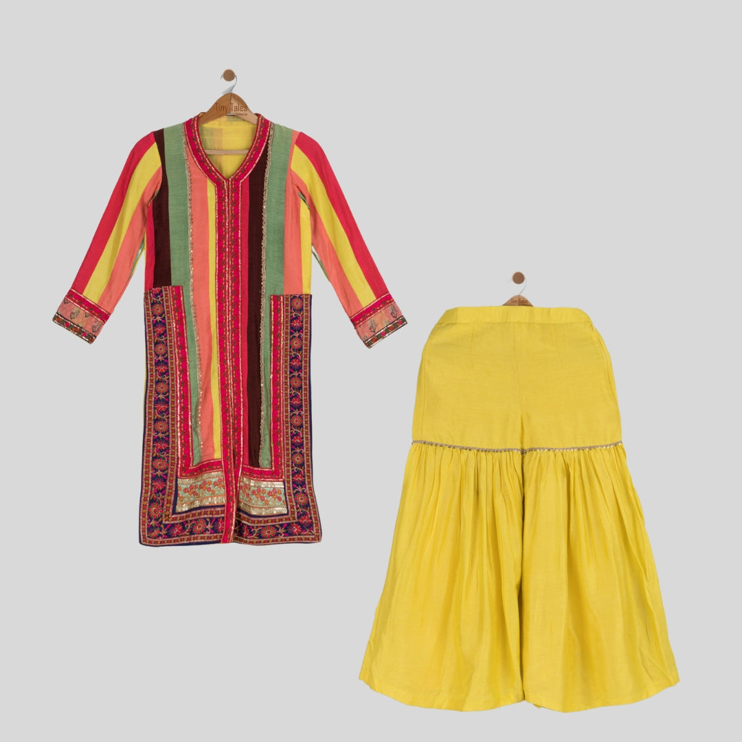 Multicolor Panel Kurta with Yellow Sharara Set - 10 Yrs