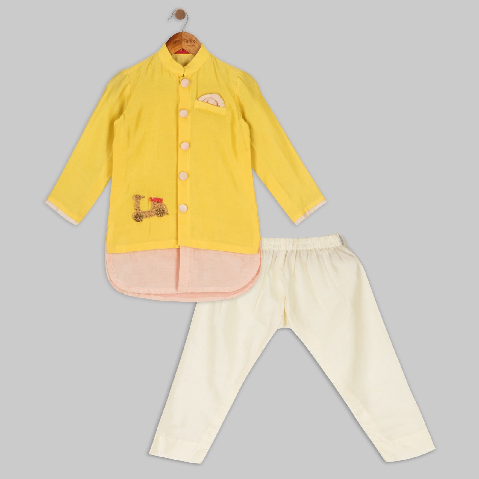 Yellow and Pink Kurta Set with Krishna and Matka Motif
