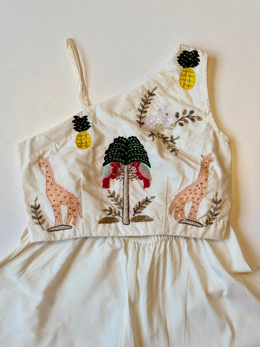 Off White Safari Theme Crop Top With Flared Pants