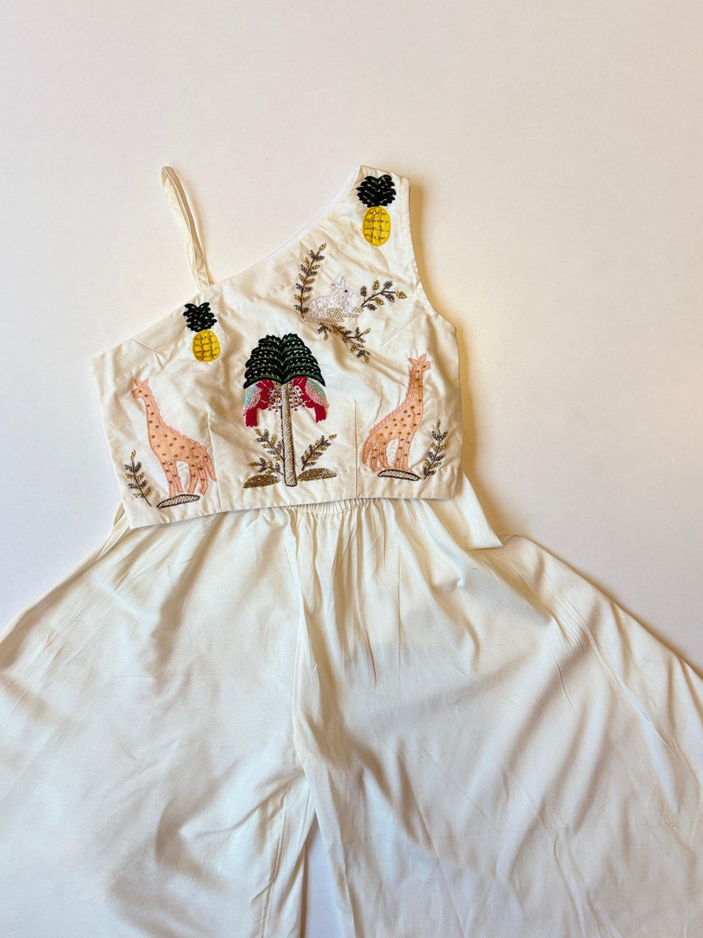 Off White Safari Theme Crop Top With Flared Pants