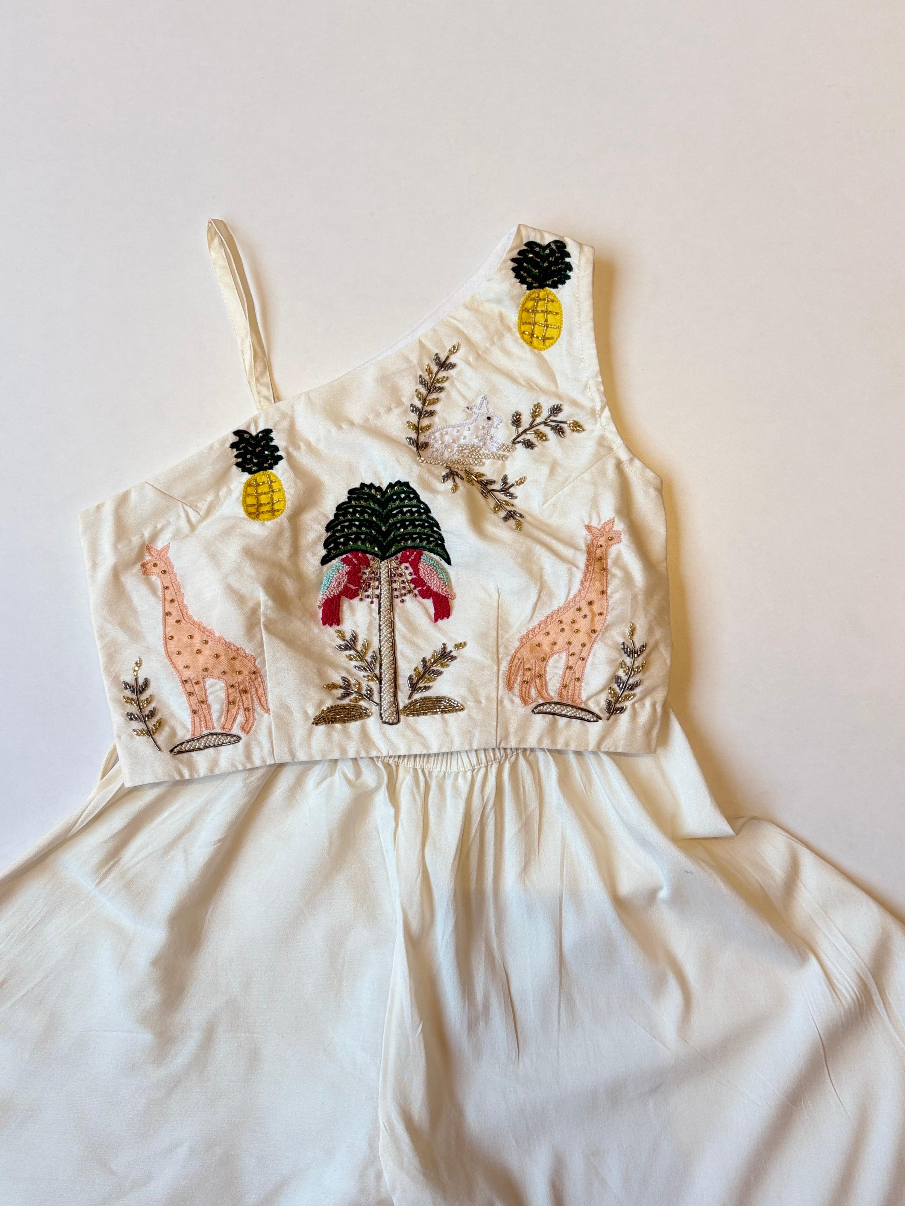 Off White Safari Theme Crop Top With Flared Pants