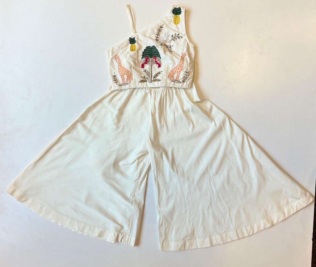 Off White Safari Theme Crop Top With Flared Pants