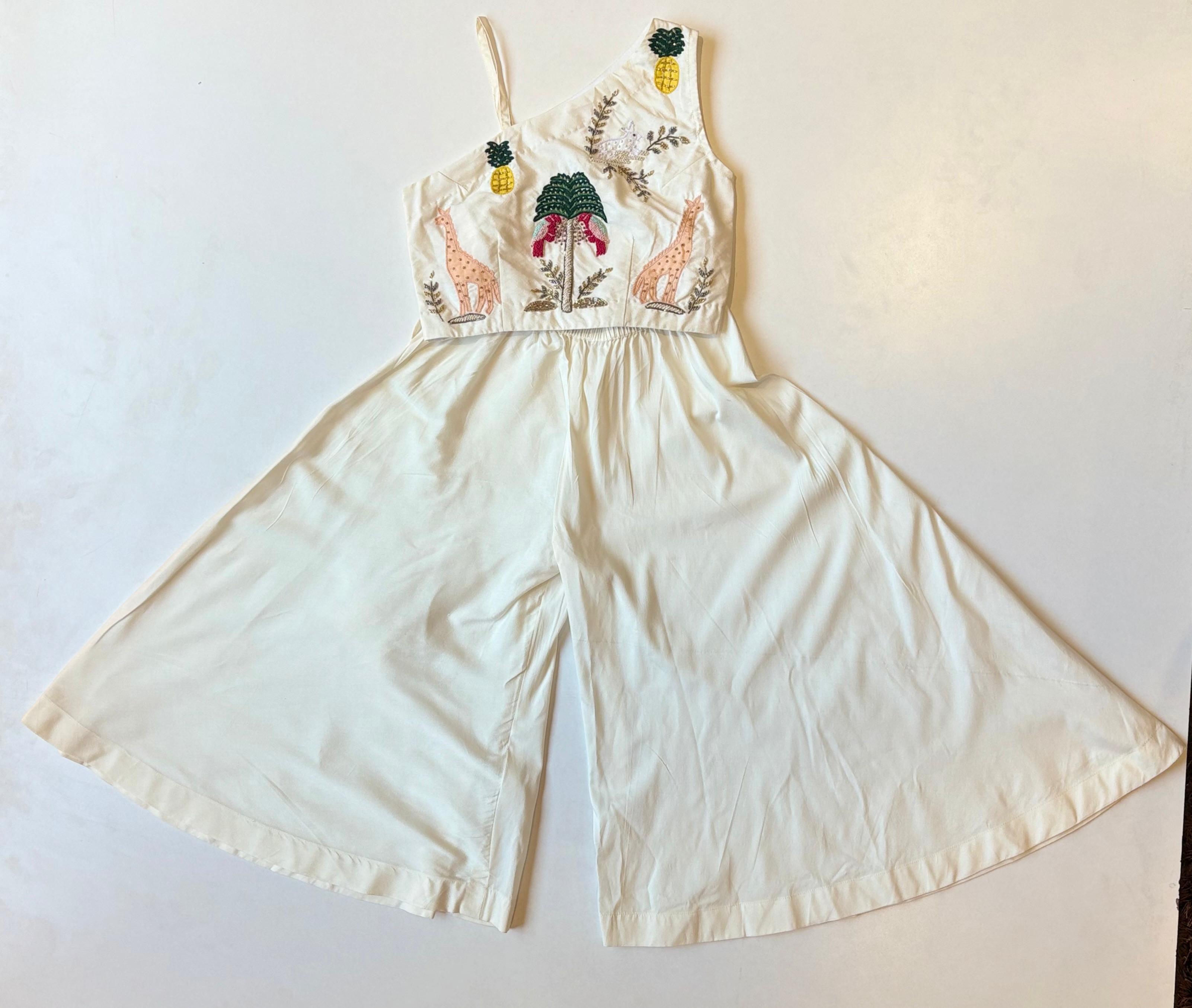 Off White Safari Theme Crop Top With Flared Pants