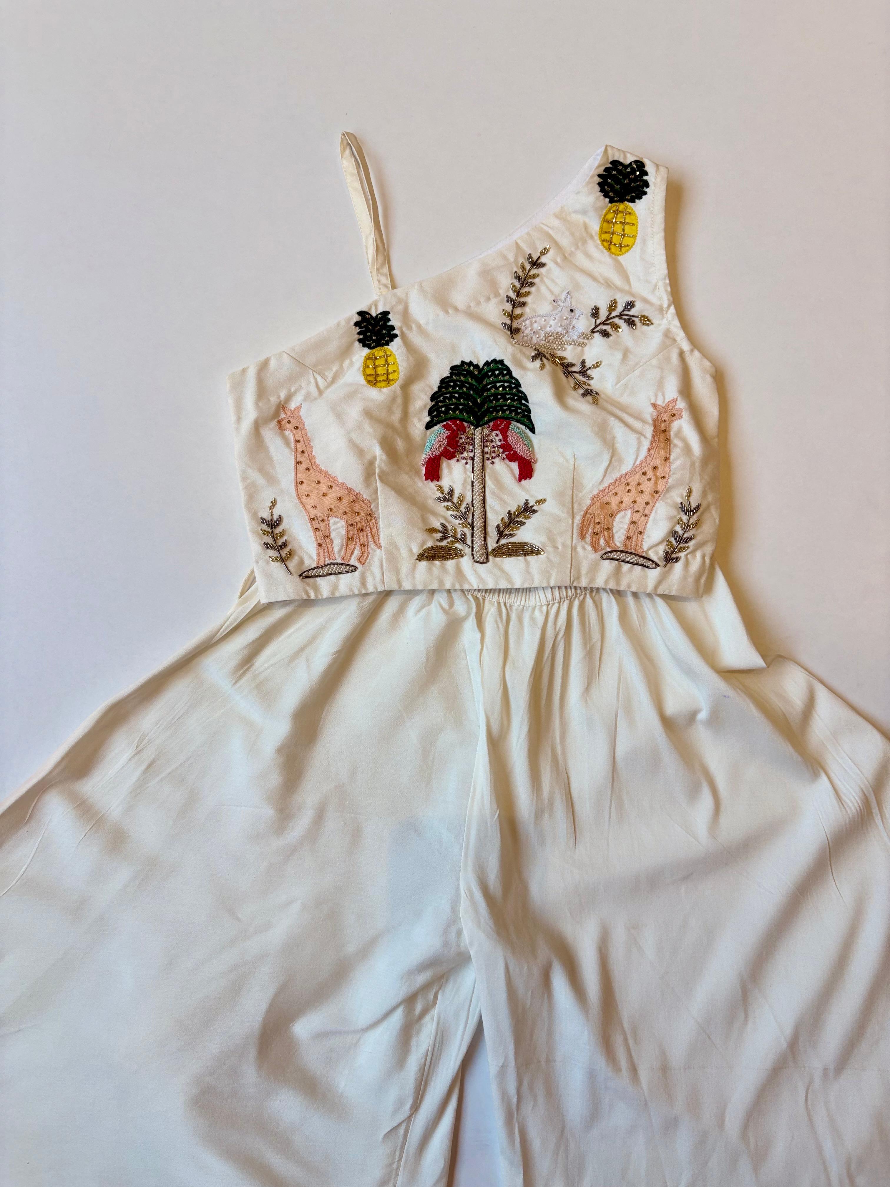 Off White Safari Theme Crop Top With Flared Pants