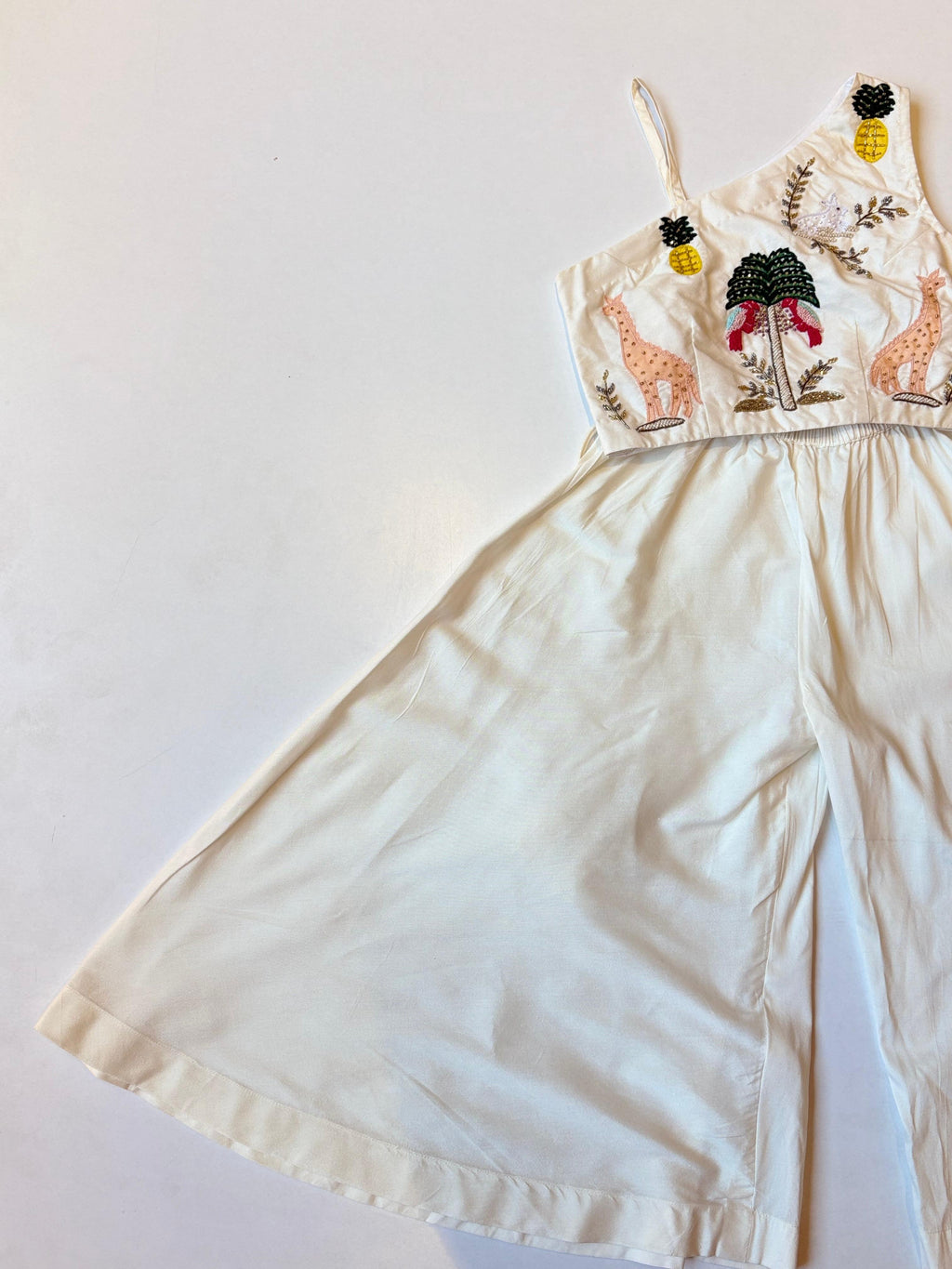 Off White Safari Theme Crop Top With Flared Pants