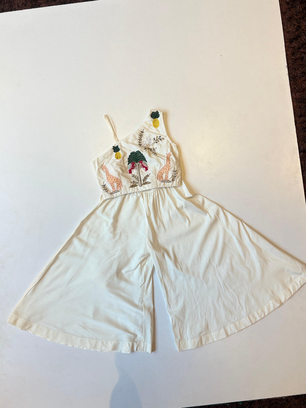 Off White Safari Theme Crop Top With Flared Pants