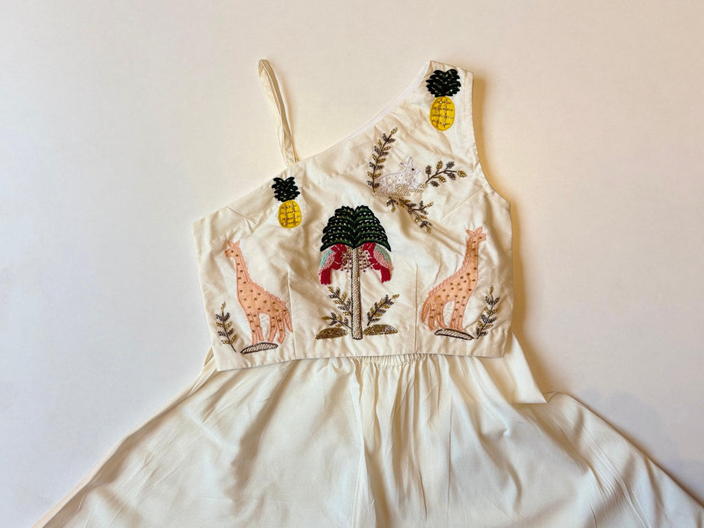 Off White Safari Theme Crop Top With Flared Pants