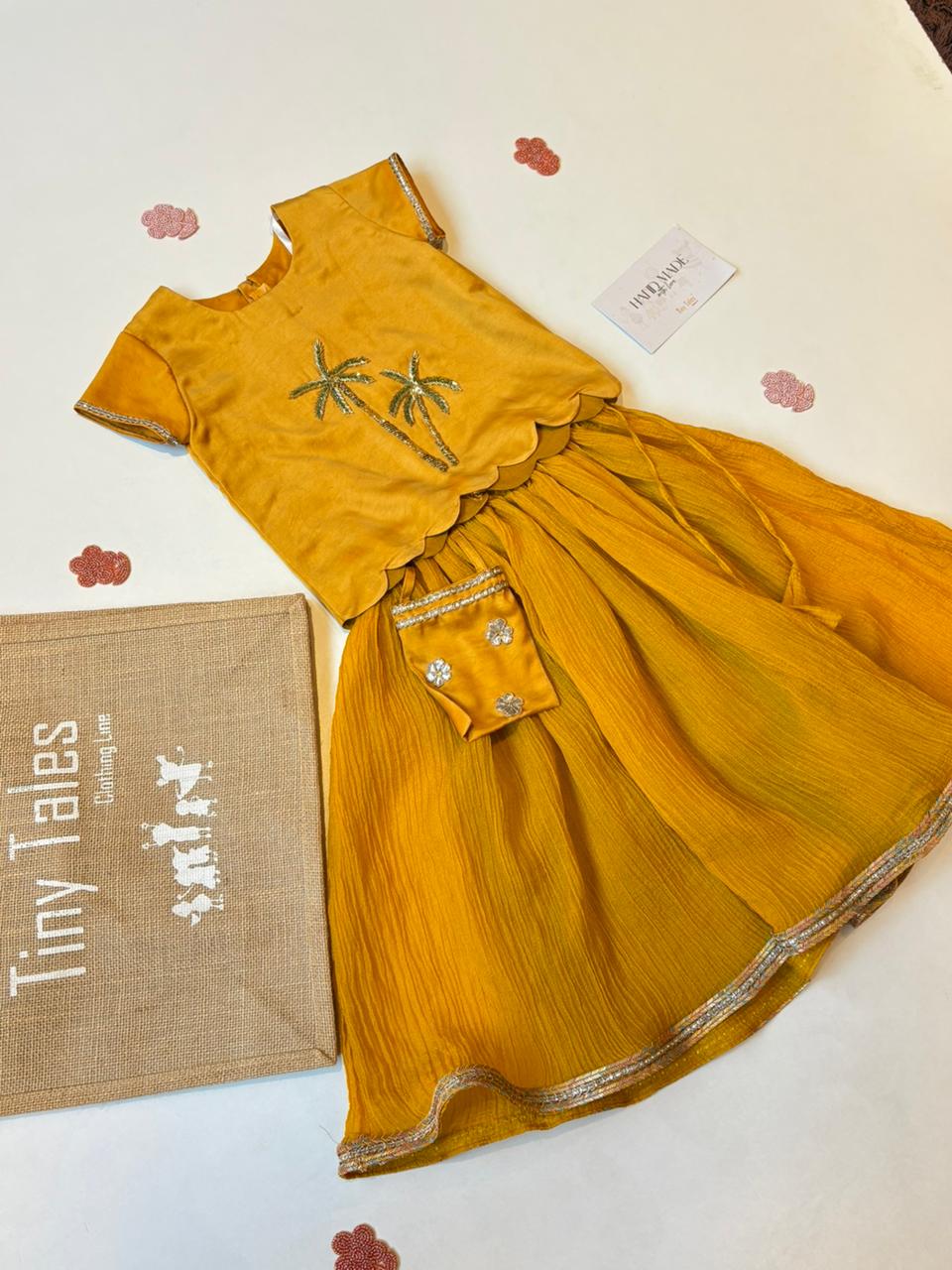 Mustard Palm Embellished Top With Crushed Lehenga