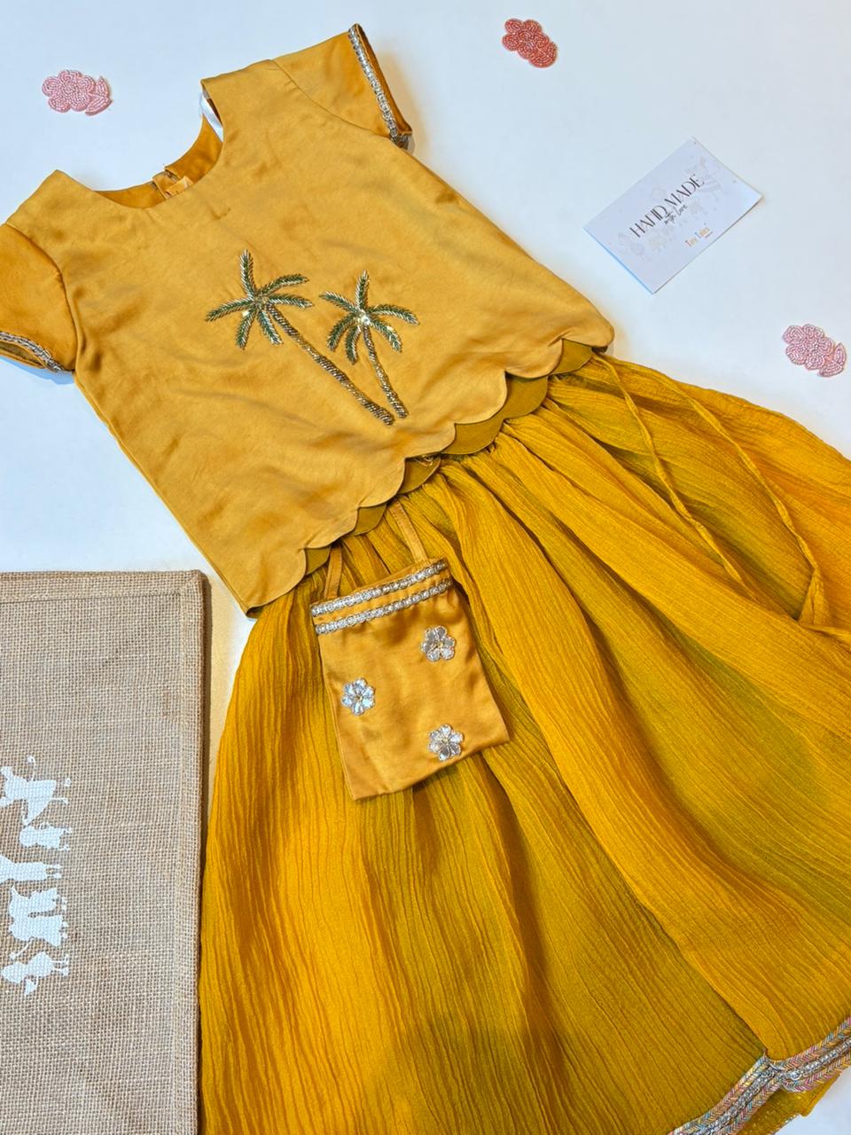 Mustard Palm Embellished Top With Crushed Lehenga