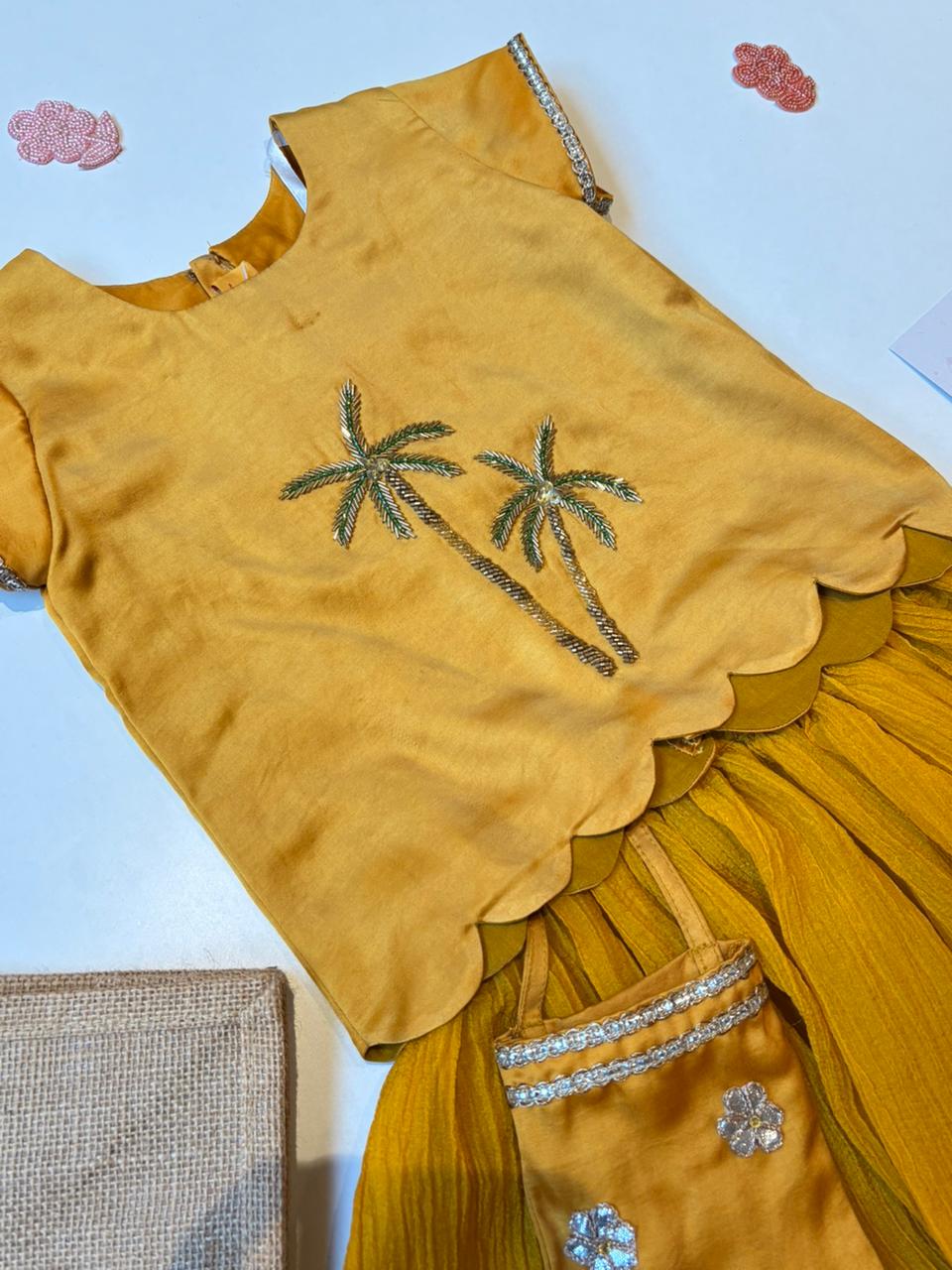 Mustard Palm Embellished Top With Crushed Lehenga