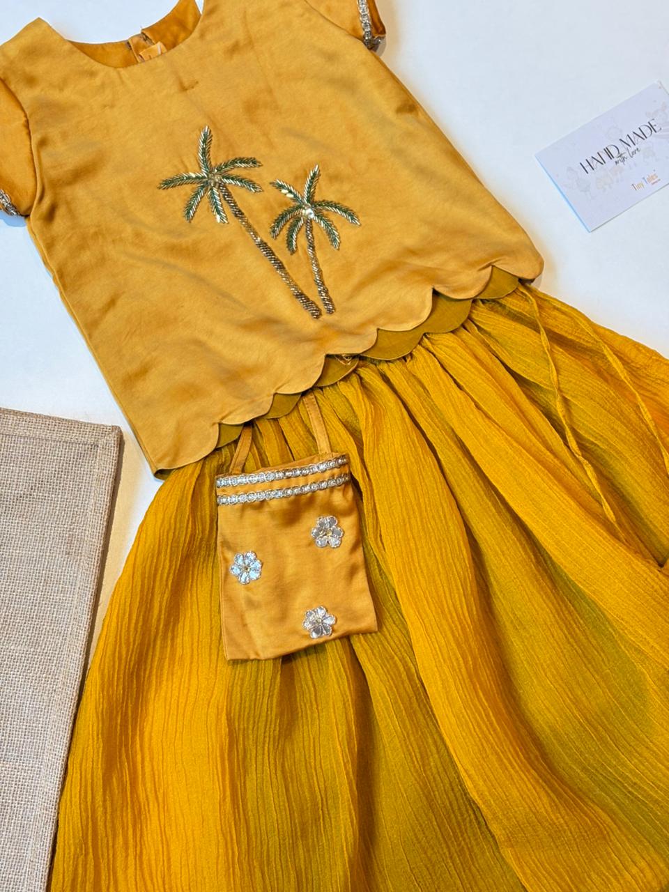 Mustard Palm Embellished Top With Crushed Lehenga
