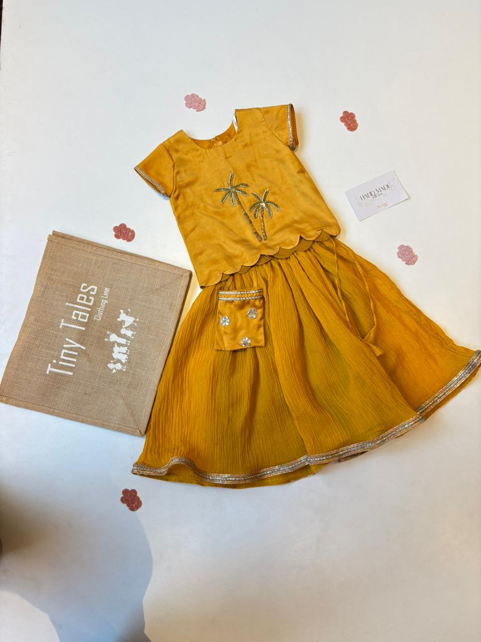 Mustard Palm Embellished Top With Crushed Lehenga