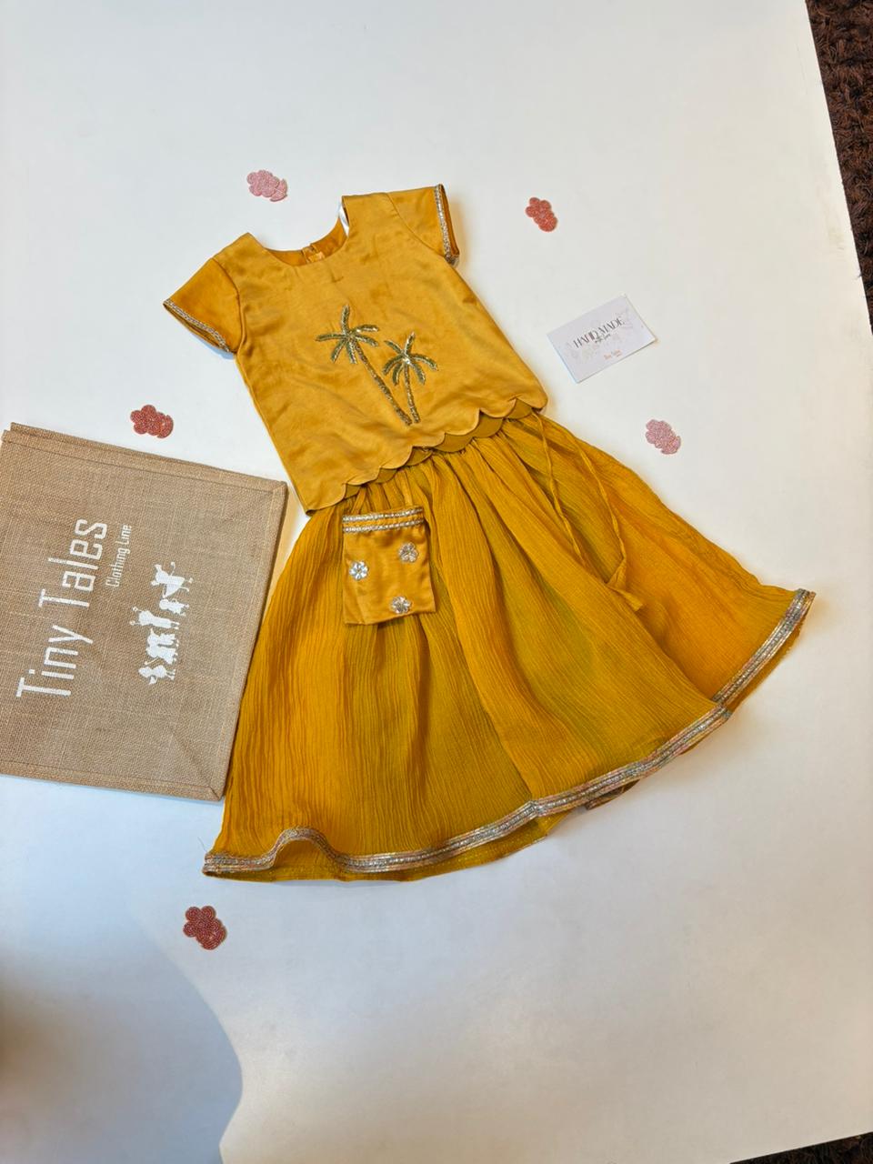 Mustard Palm Embellished Top With Crushed Lehenga