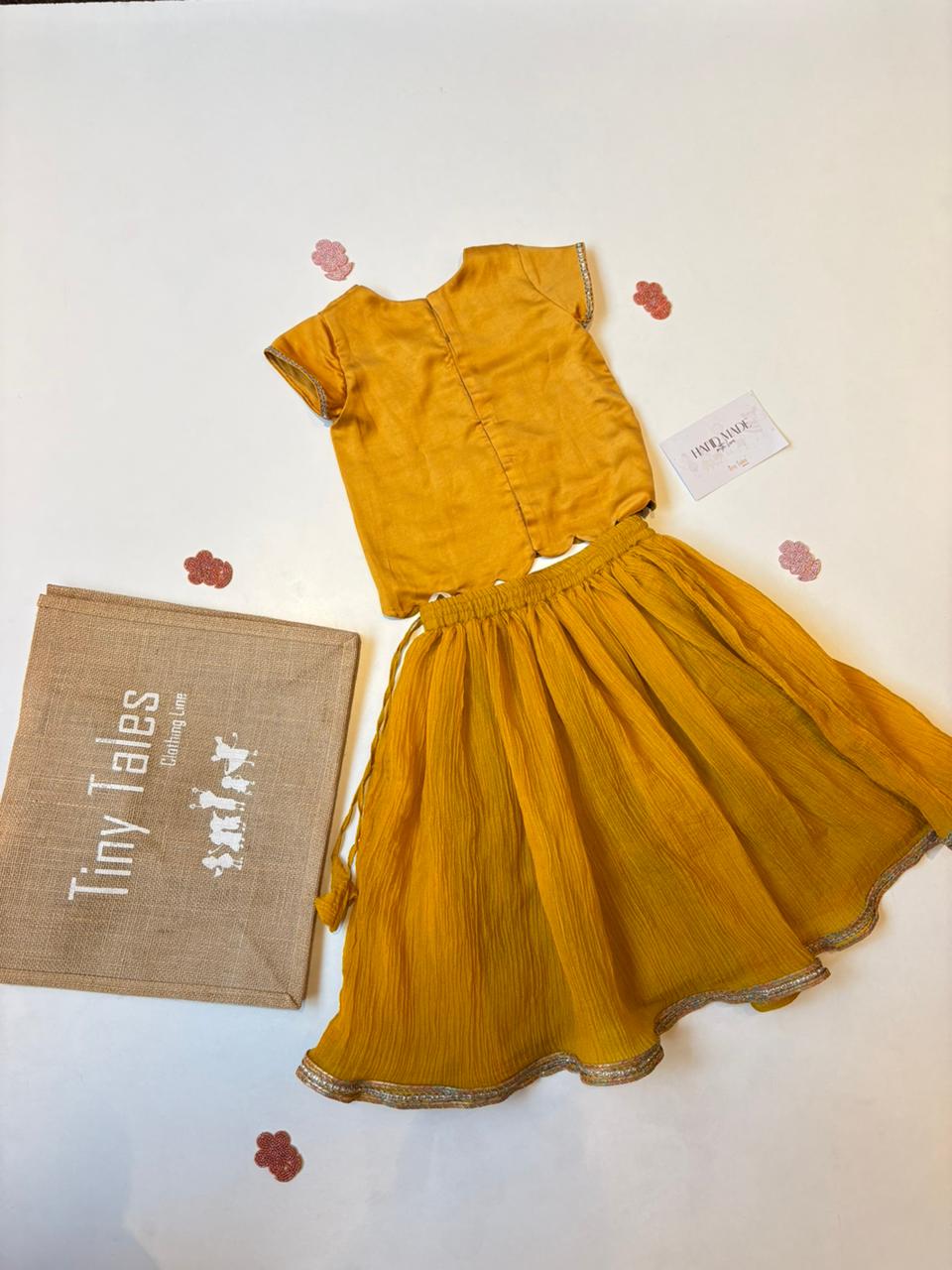 Mustard Palm Embellished Top With Crushed Lehenga