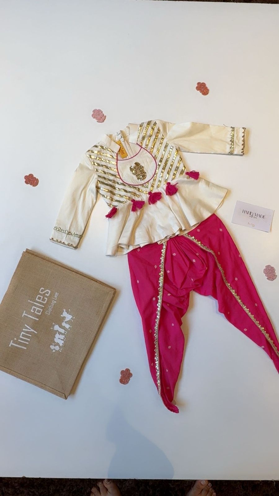 Off White Peplum With Pink Printed Dhoti