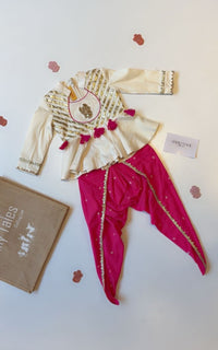 Off White Peplum With Pink Printed Dhoti