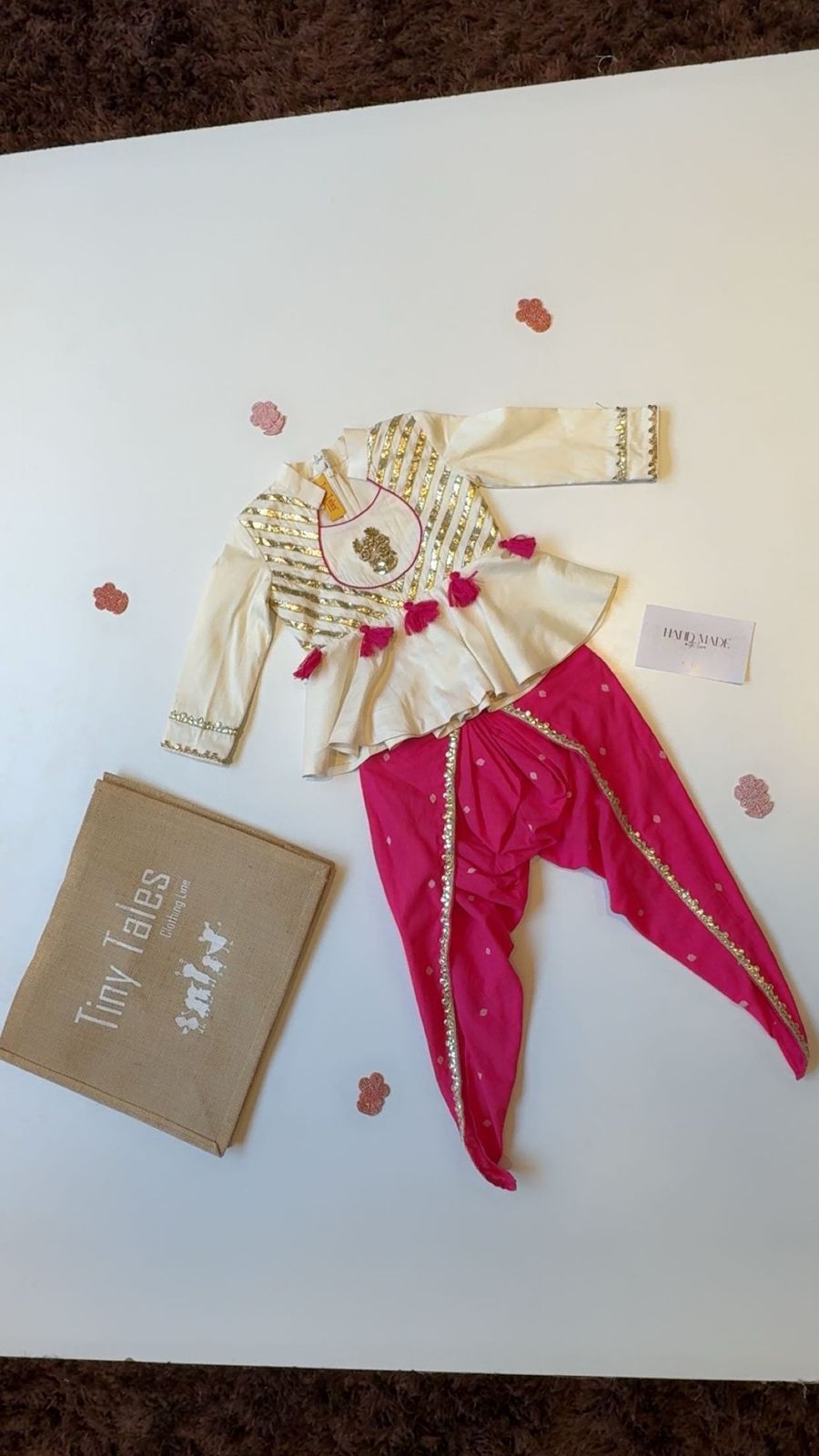 Off White Peplum With Pink Printed Dhoti