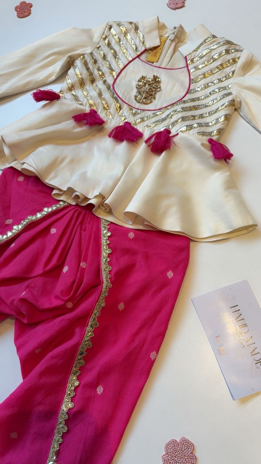 Off White Peplum With Pink Printed Dhoti