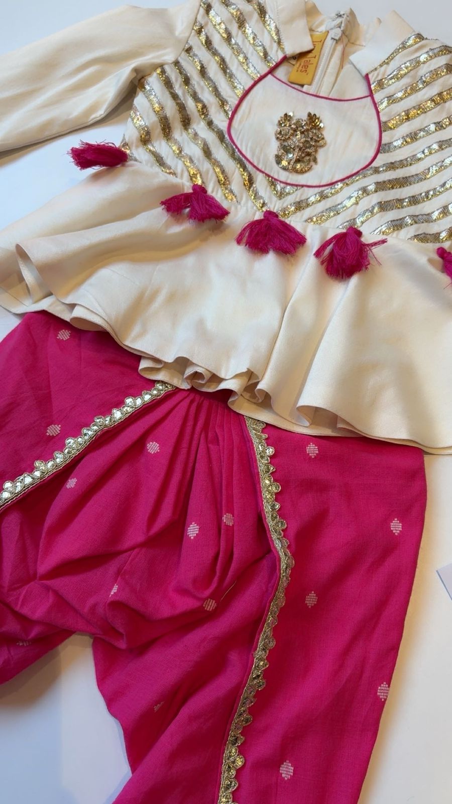 Off White Peplum With Pink Printed Dhoti