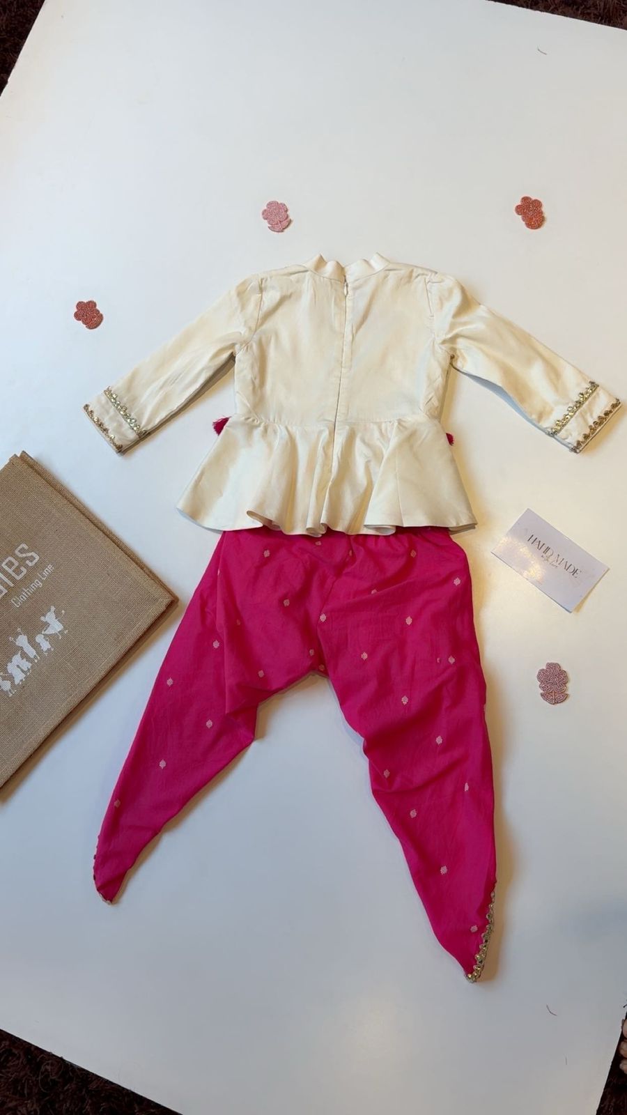 Off White Peplum With Pink Printed Dhoti