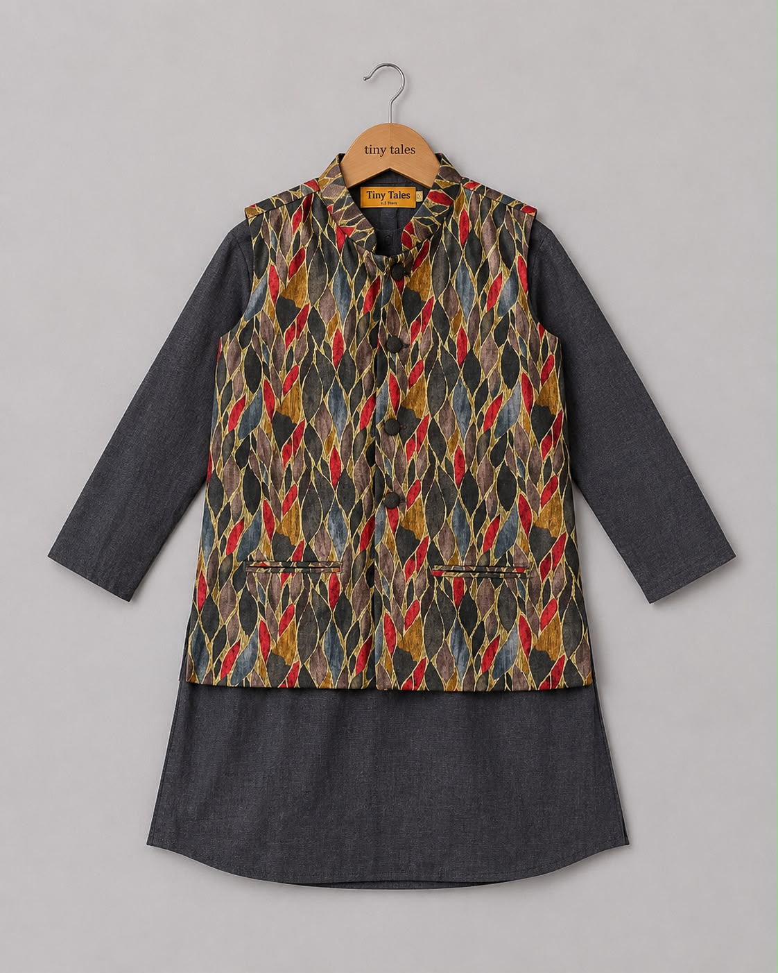 Black Kurta With Printed Jacket