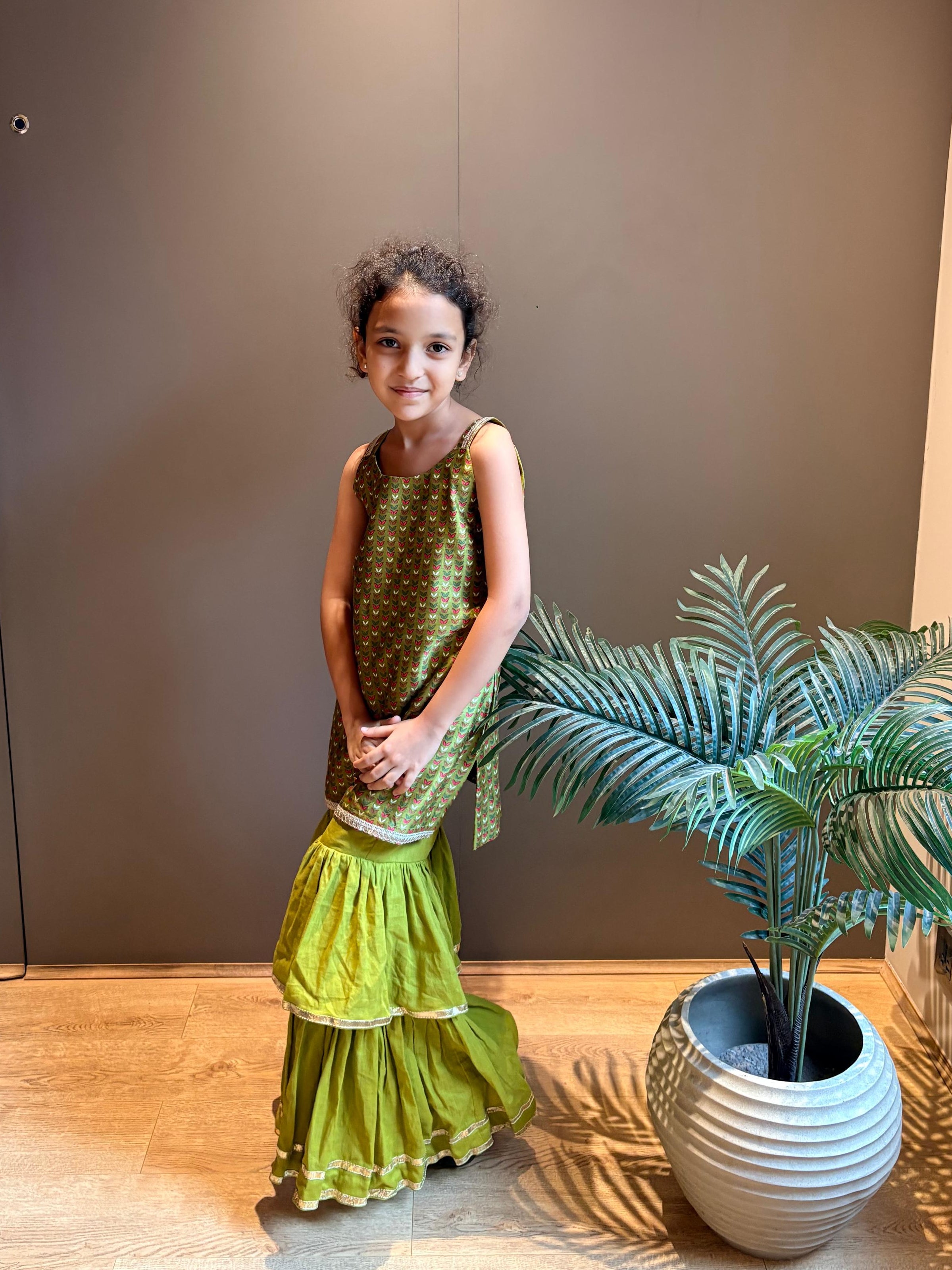 Green Printed Chanderi Kurta with Three Tier Pants
