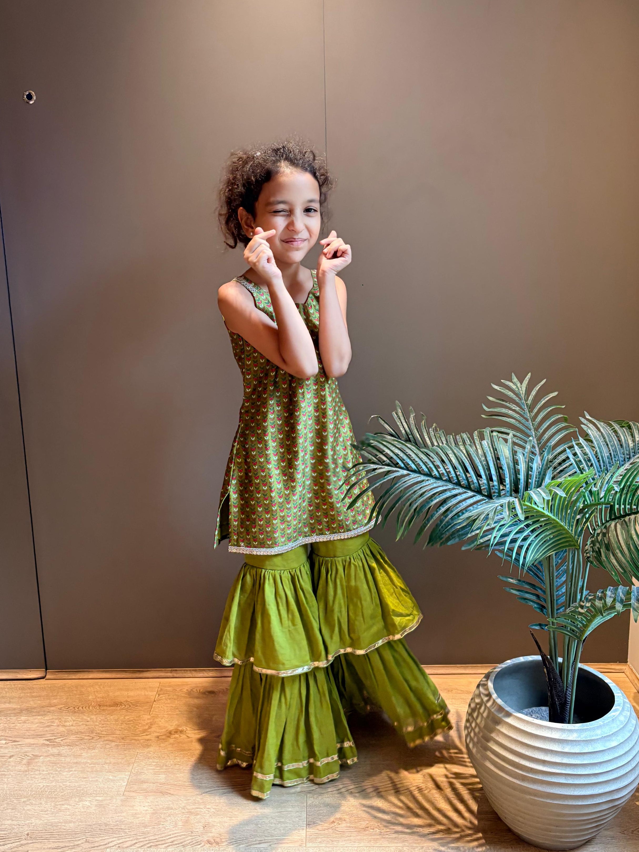 Green Printed Chanderi Kurta with Three Tier Pants