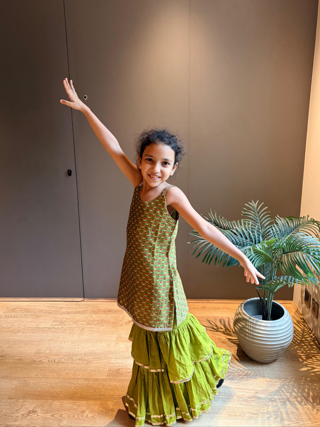 Green Printed Chanderi Kurta with Three Tier Pants