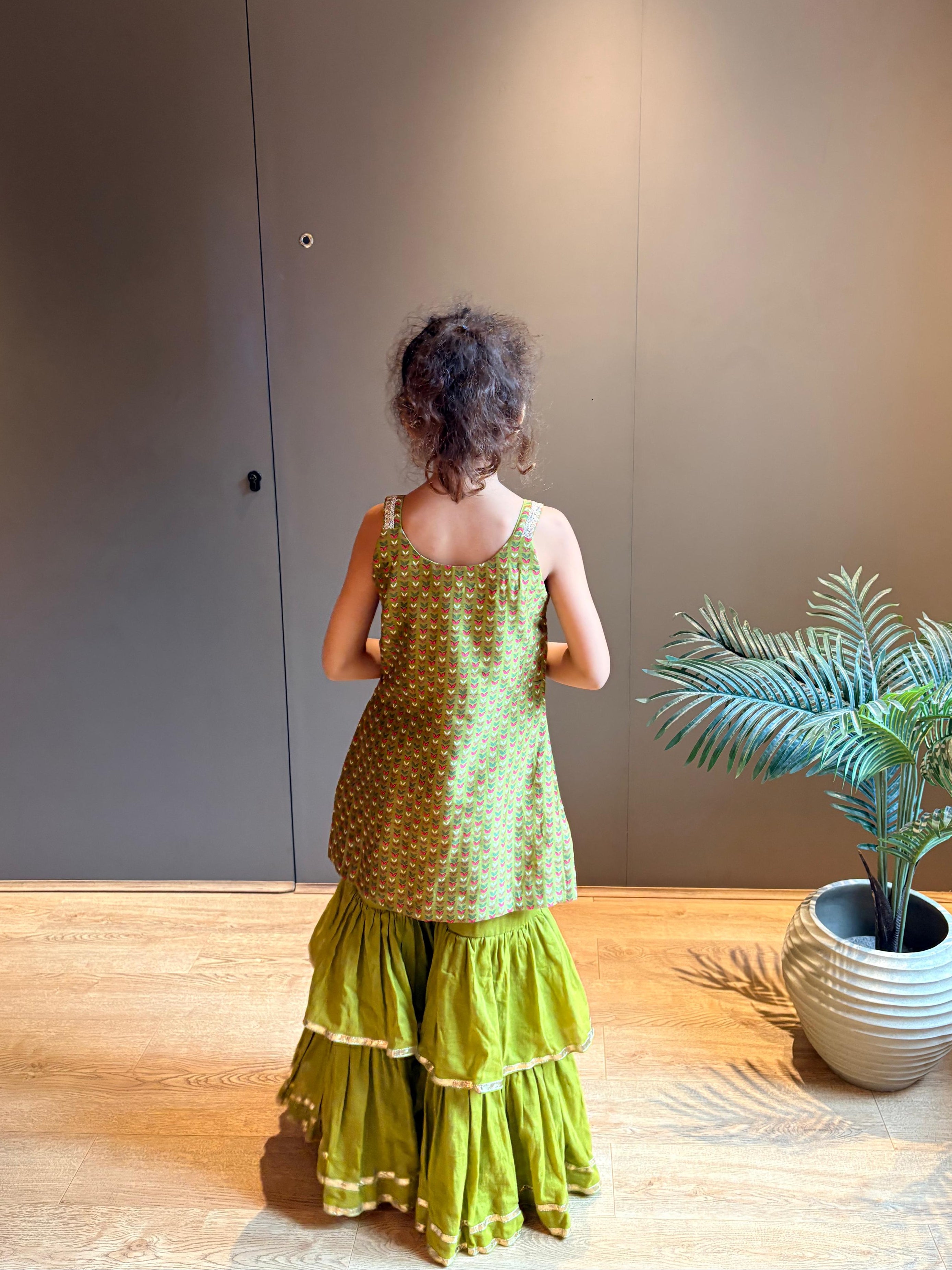 Green Printed Chanderi Kurta with Three Tier Pants