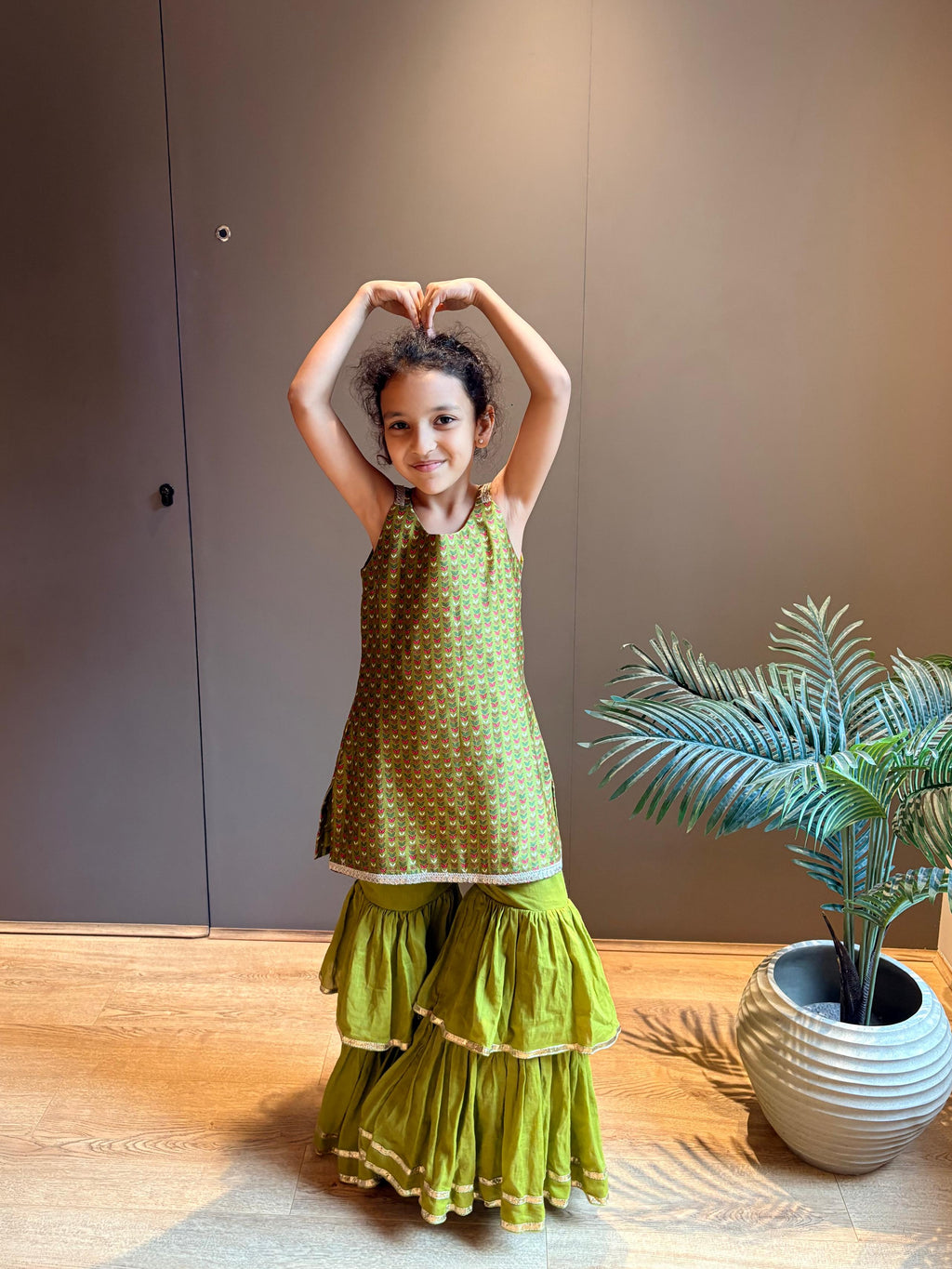 Green Printed Chanderi Kurta with Three Tier Pants