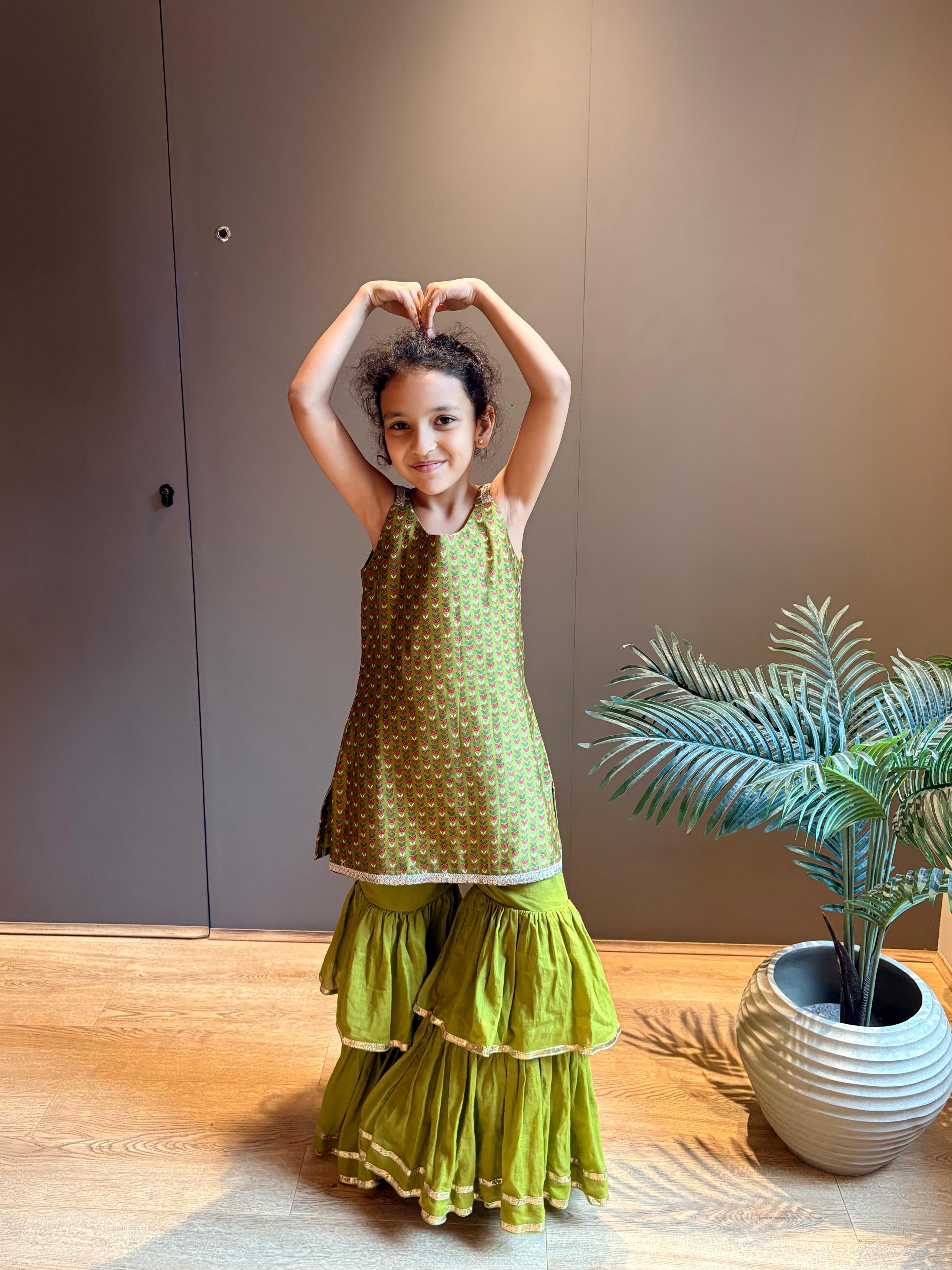 Green Printed Chanderi Kurta with Three Tier Pants