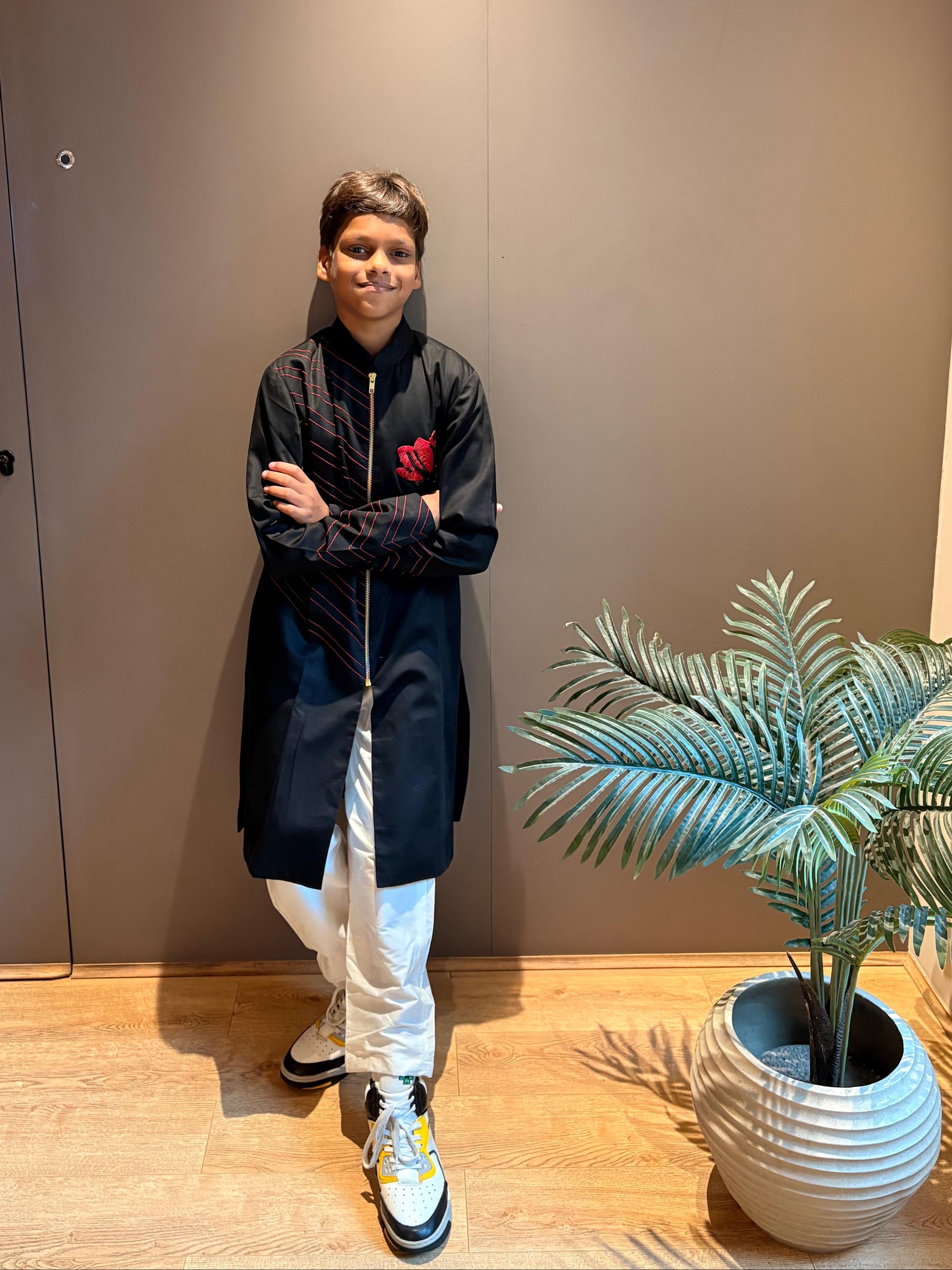 Black Kurta Set with Red Anchor and Motif