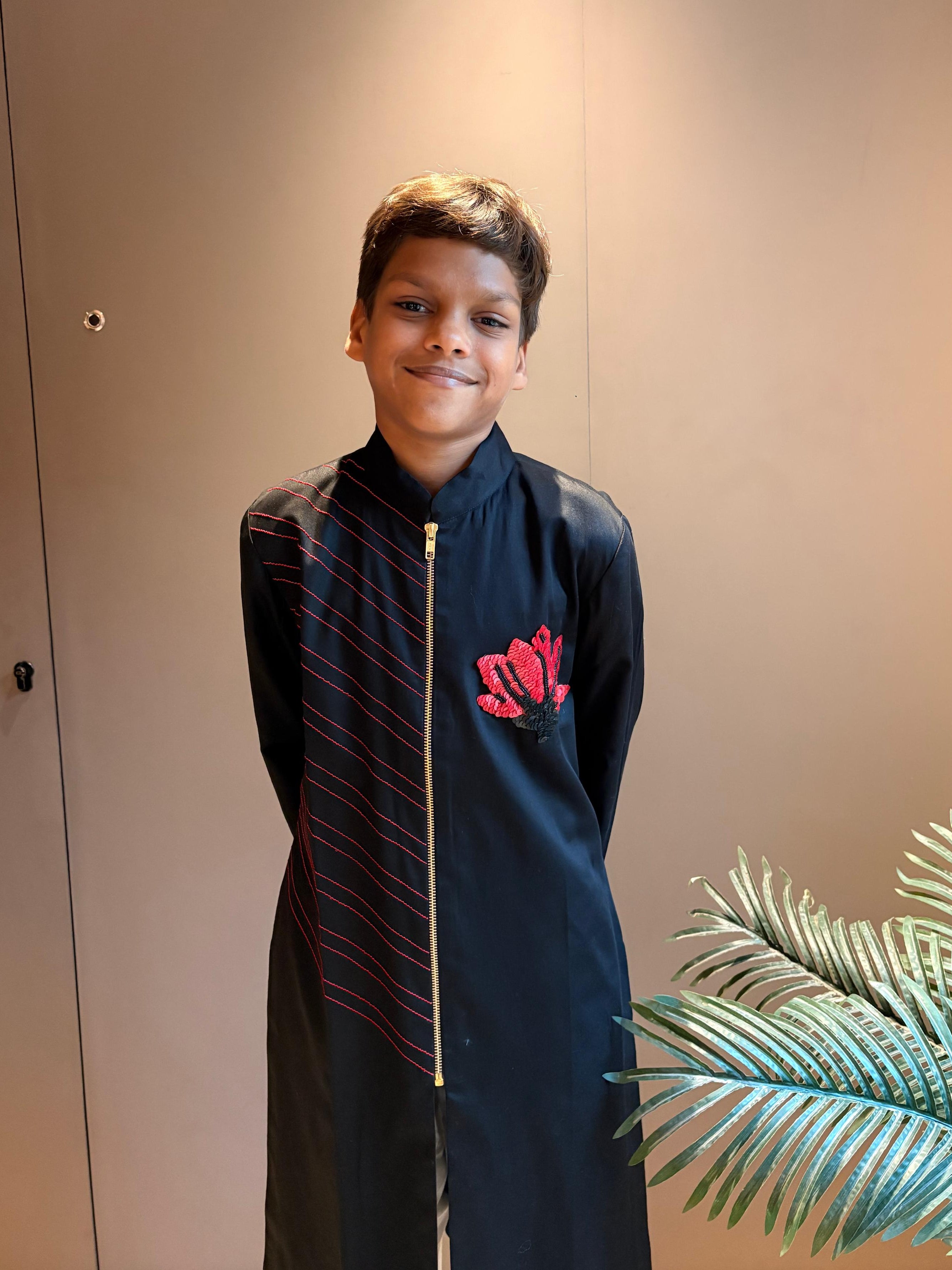 Black Kurta Set with Red Anchor and Motif