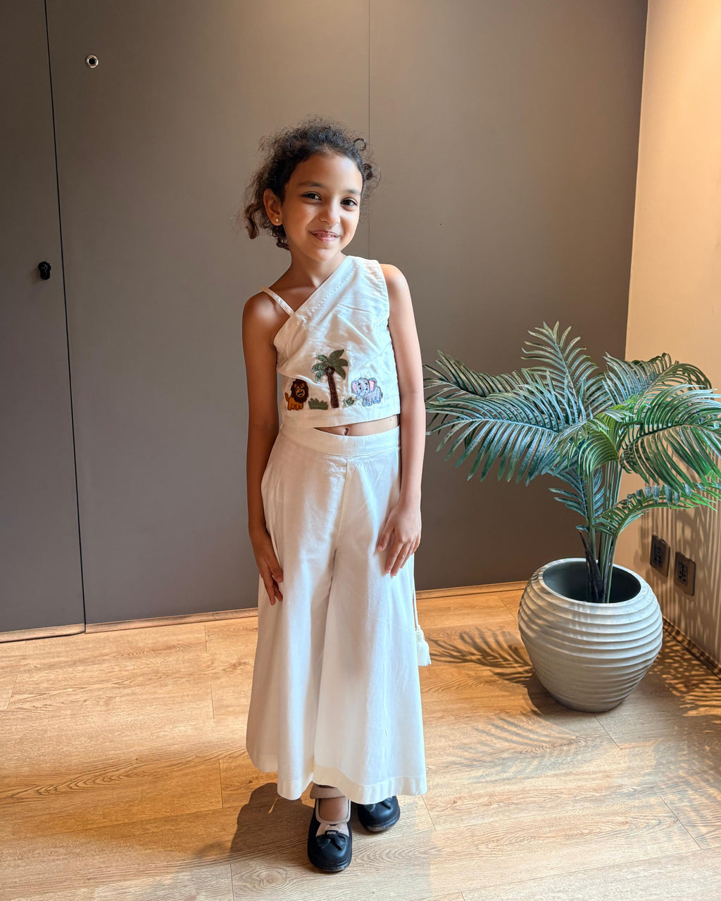 Off White Jungle Theme One Shoulder Top with Flared Pants