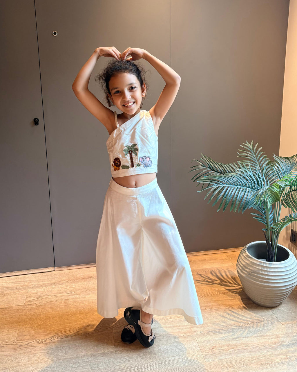 Off White Jungle Theme One Shoulder Top with Flared Pants