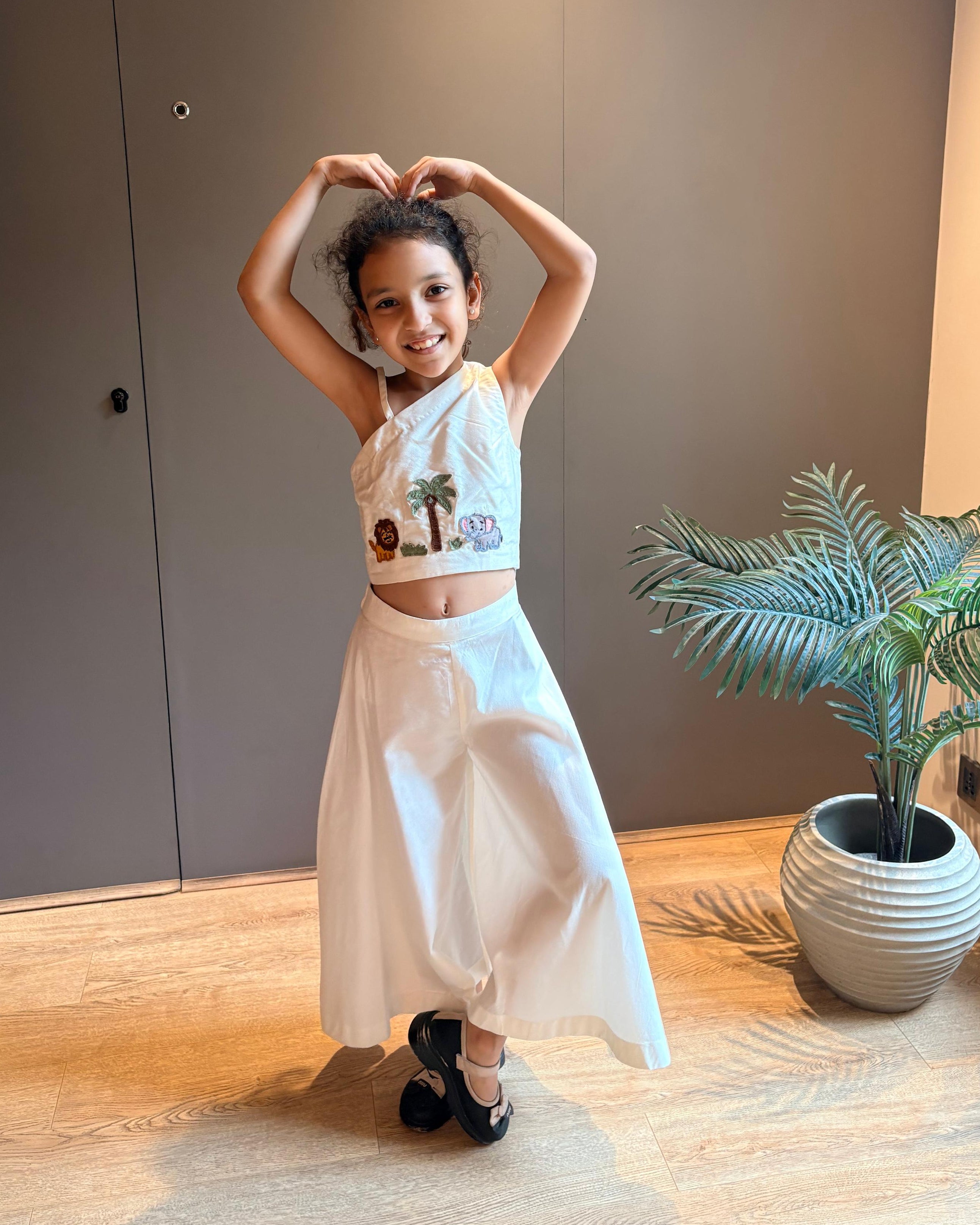 Off White Jungle Theme One Shoulder Top with Flared Pants