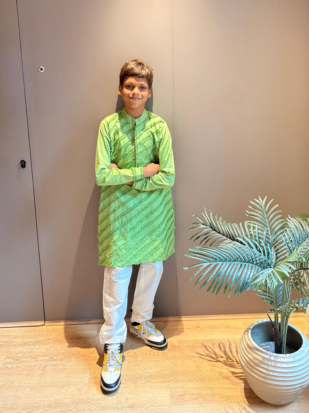 Olive Green Frill Textured Kurta Set