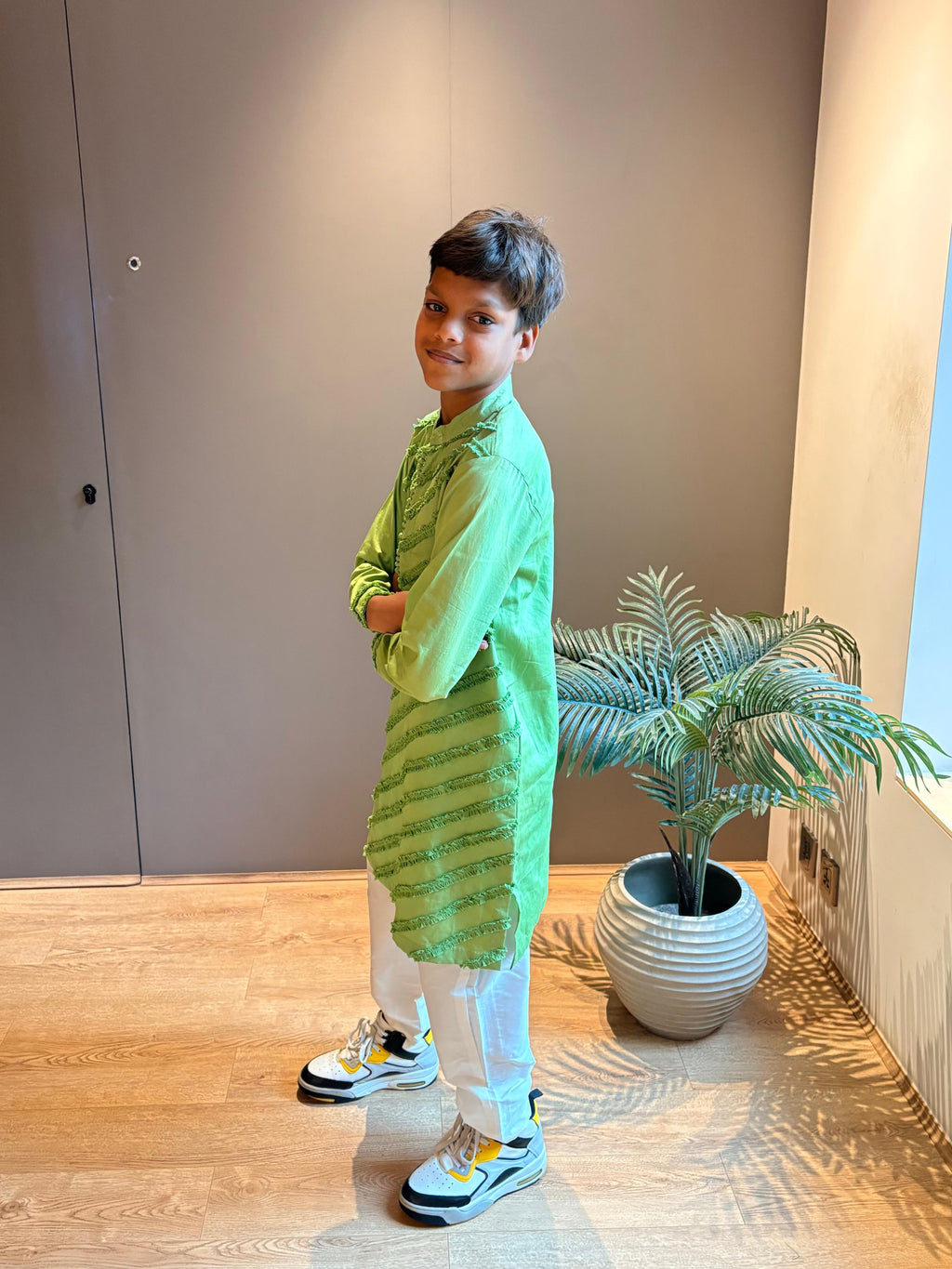 Olive Green Frill Textured Kurta Set