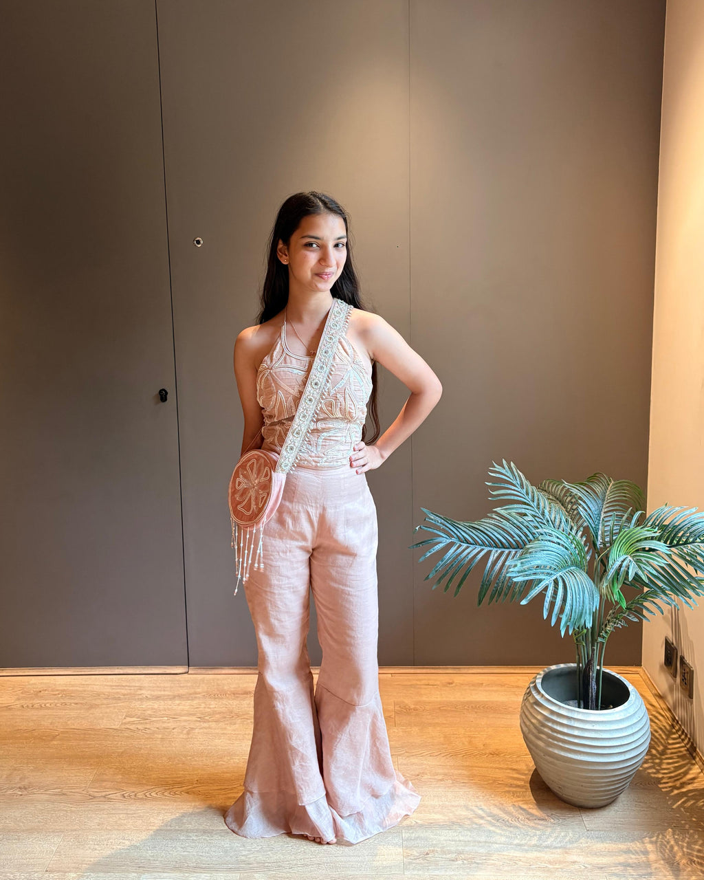Pink Halter Embroidered Blouse with Flared Pants & Crossbody Bag