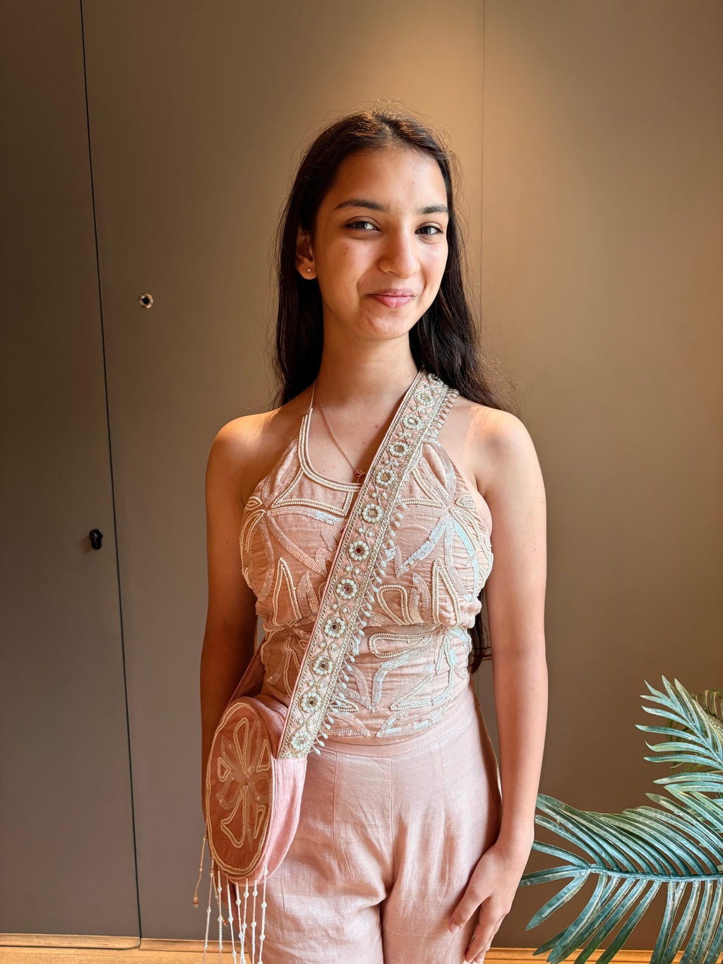 Pink Halter Embroidered Blouse with Flared Pants & Crossbody Bag